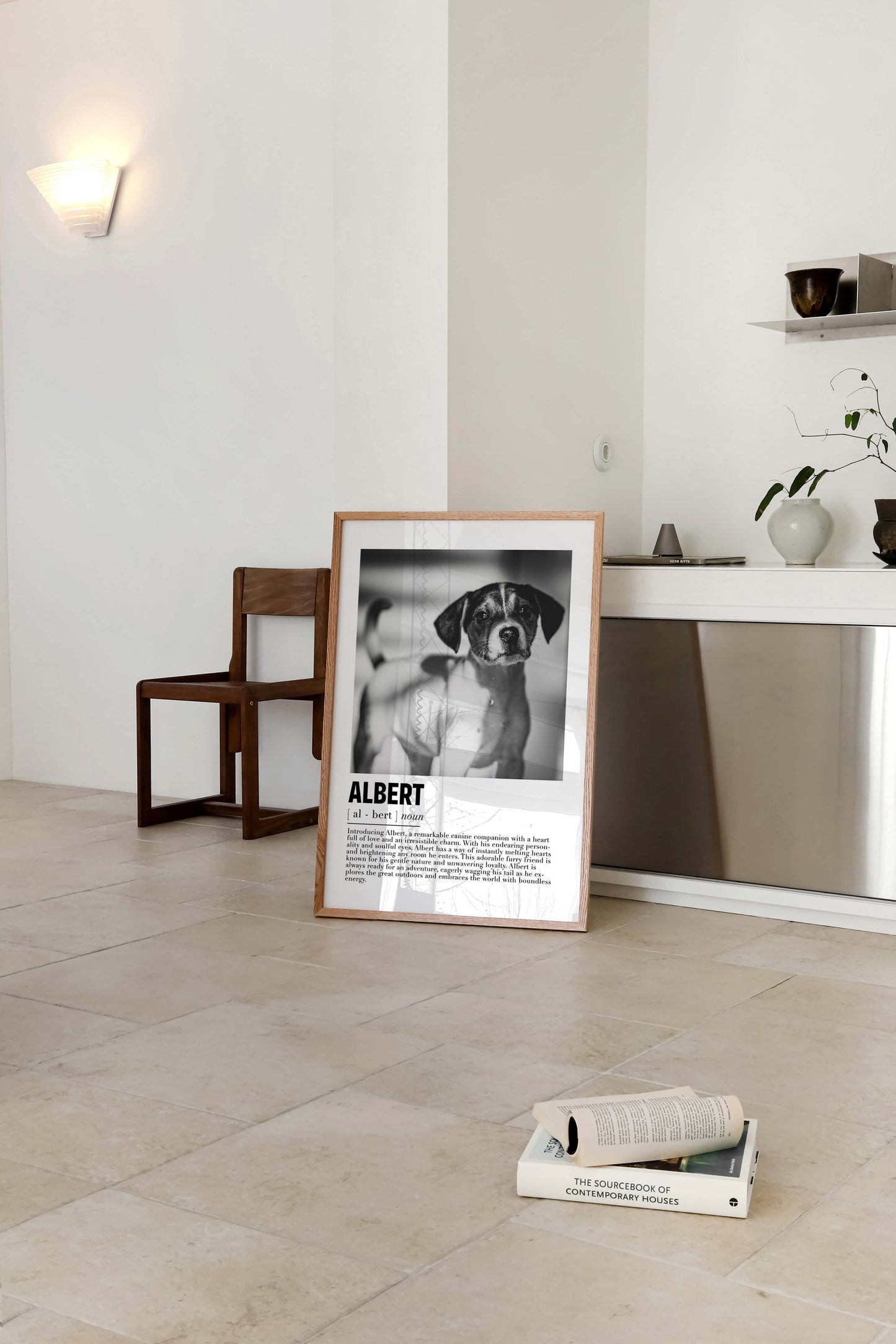 Framed pet memorial poster in apartment