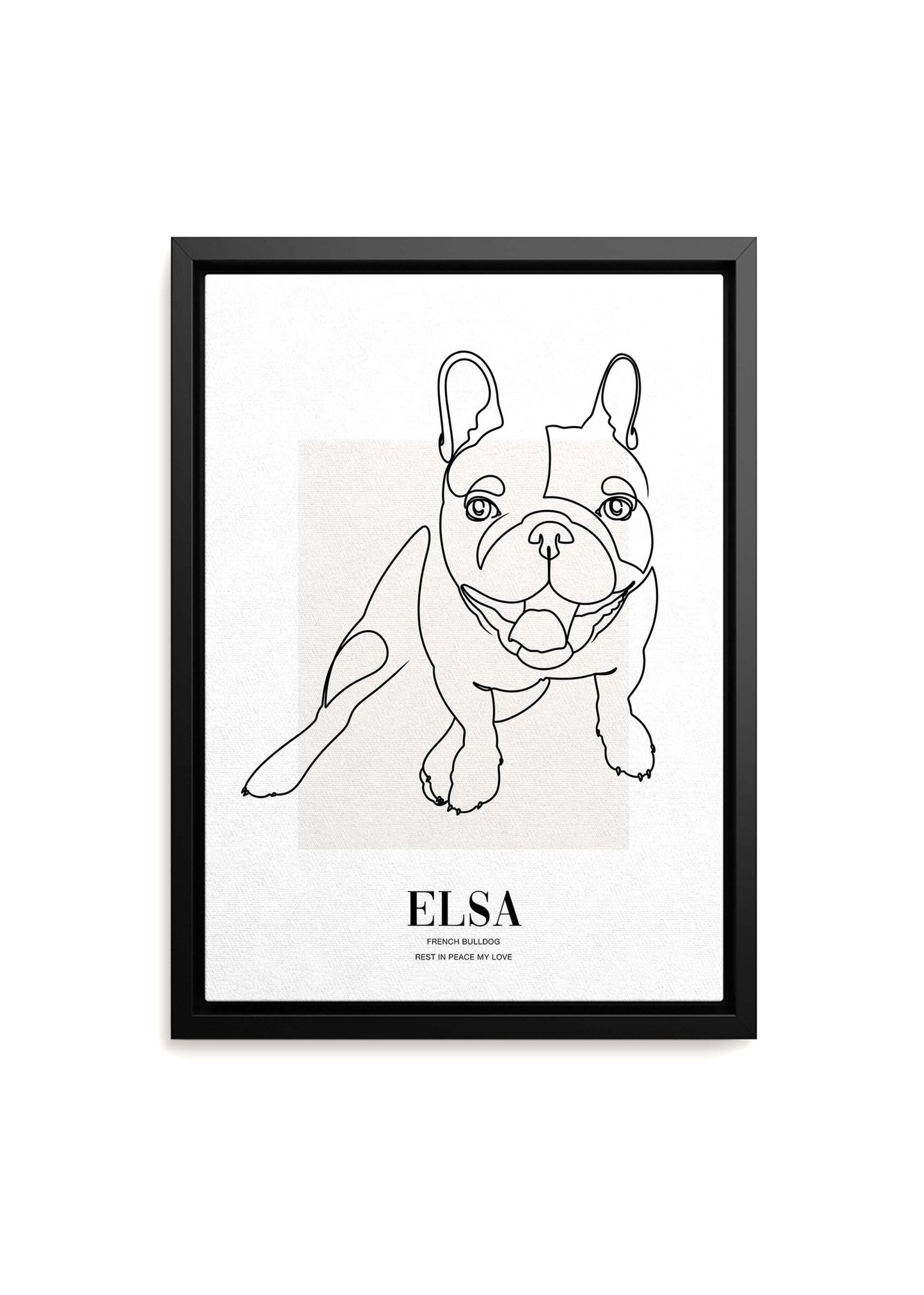 dog memorial line drawn pet art on canvas in black frame.