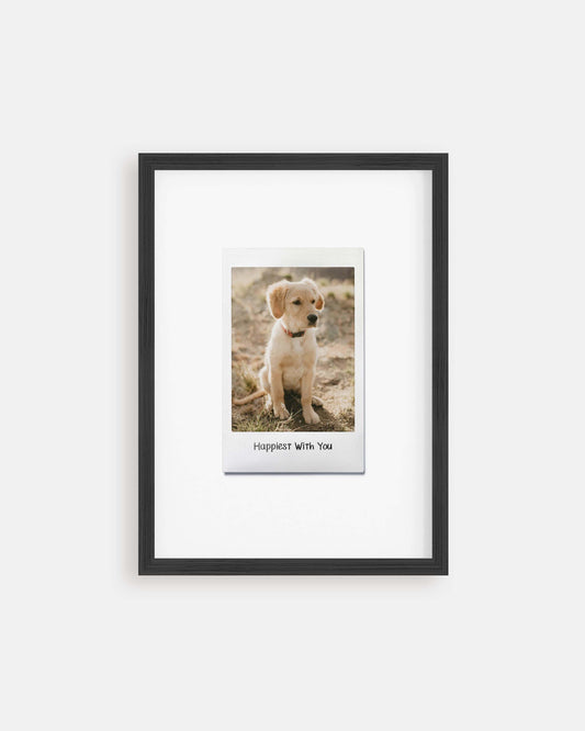 custom dog photo turned into instant film framed print in modern interior home decor. art made by vogue paws personalized pet portrait art made for gift ideas for dog mom and dog dad pet parents or as a pet memorial sympathy gift idea