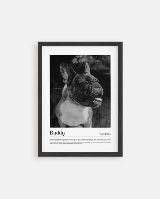 dog photo printed as black and white art and custom framed and personalized in modern home decor setting making a unique custom gift for dog mom and dog dad pet parents created by vogue paws personalized pet portraits