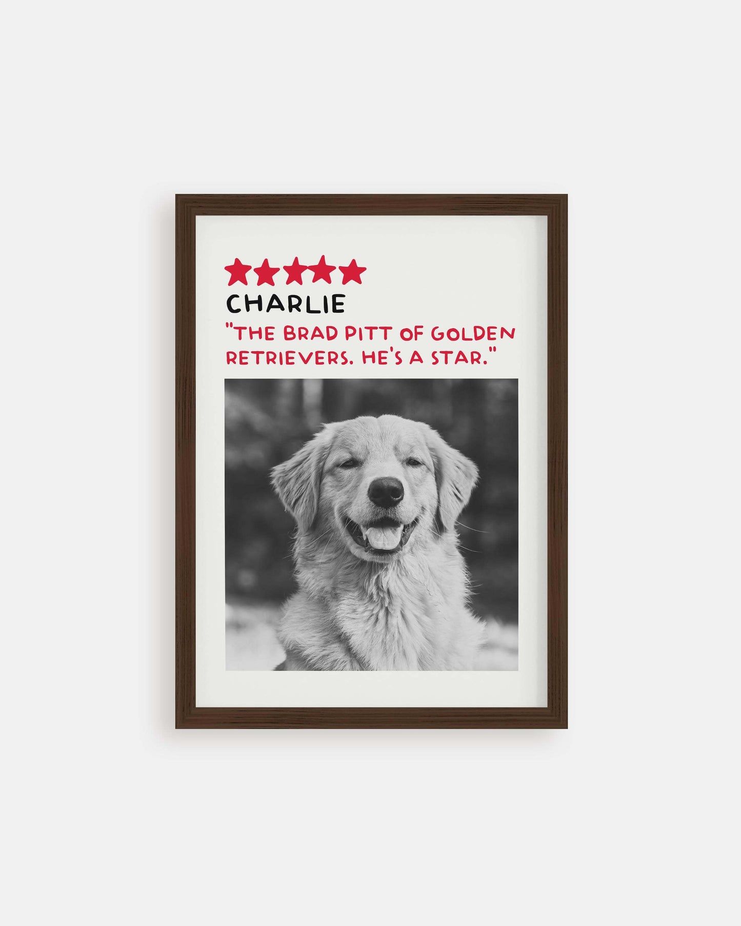 dog photo printed in black and white custom art on framed poster and displayed in contemporary home decor living space creating a unique custom gift idea for dog mom and dog dad pet parents made by vogue paws personalized pet portrait dog art