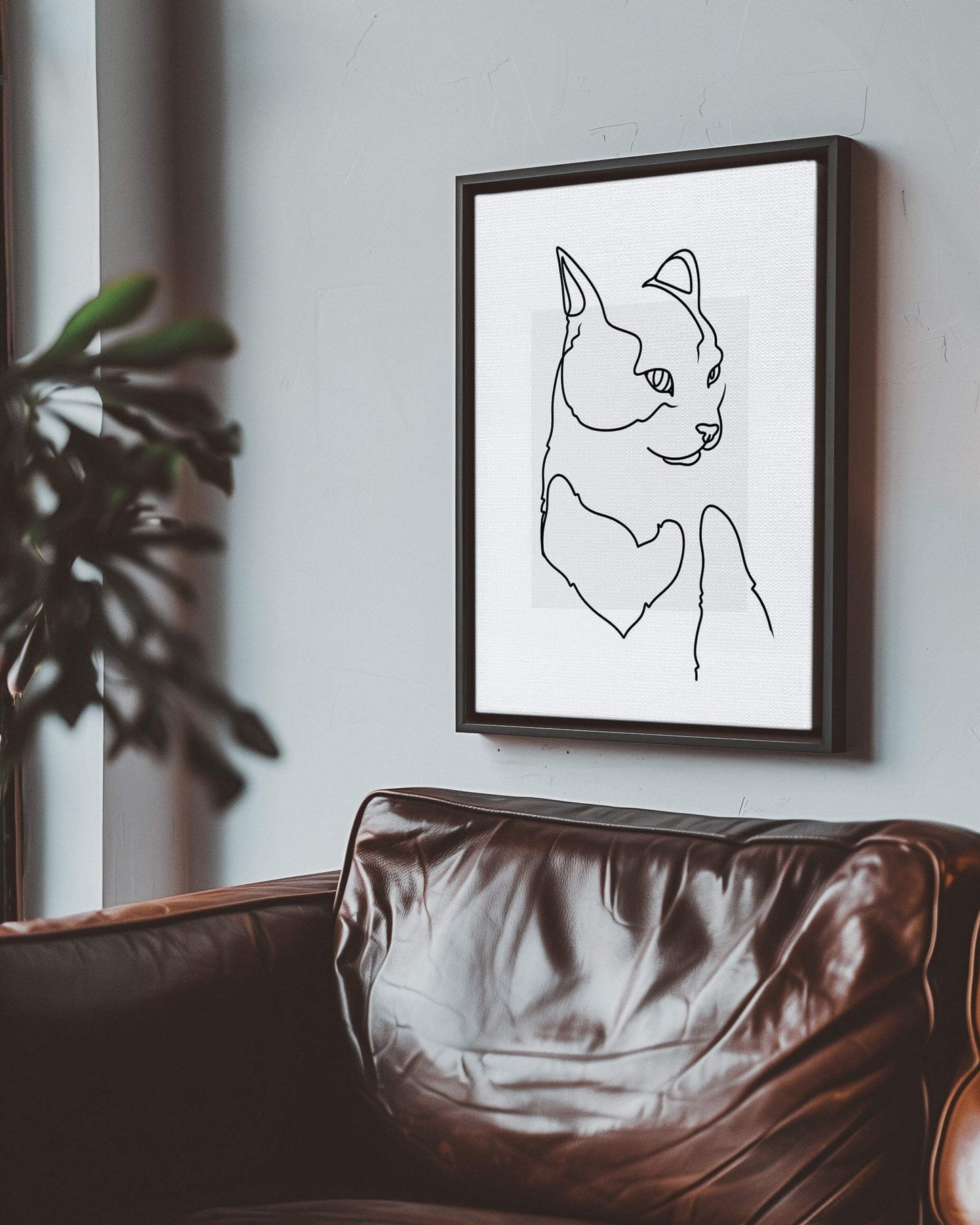 custom line drawn cat portrait printed on canvas and mounted in a unique home decor as a gift for a dog mom or dog dad pet parent made by vogue paws who specialize in personalized pet portrait gifts