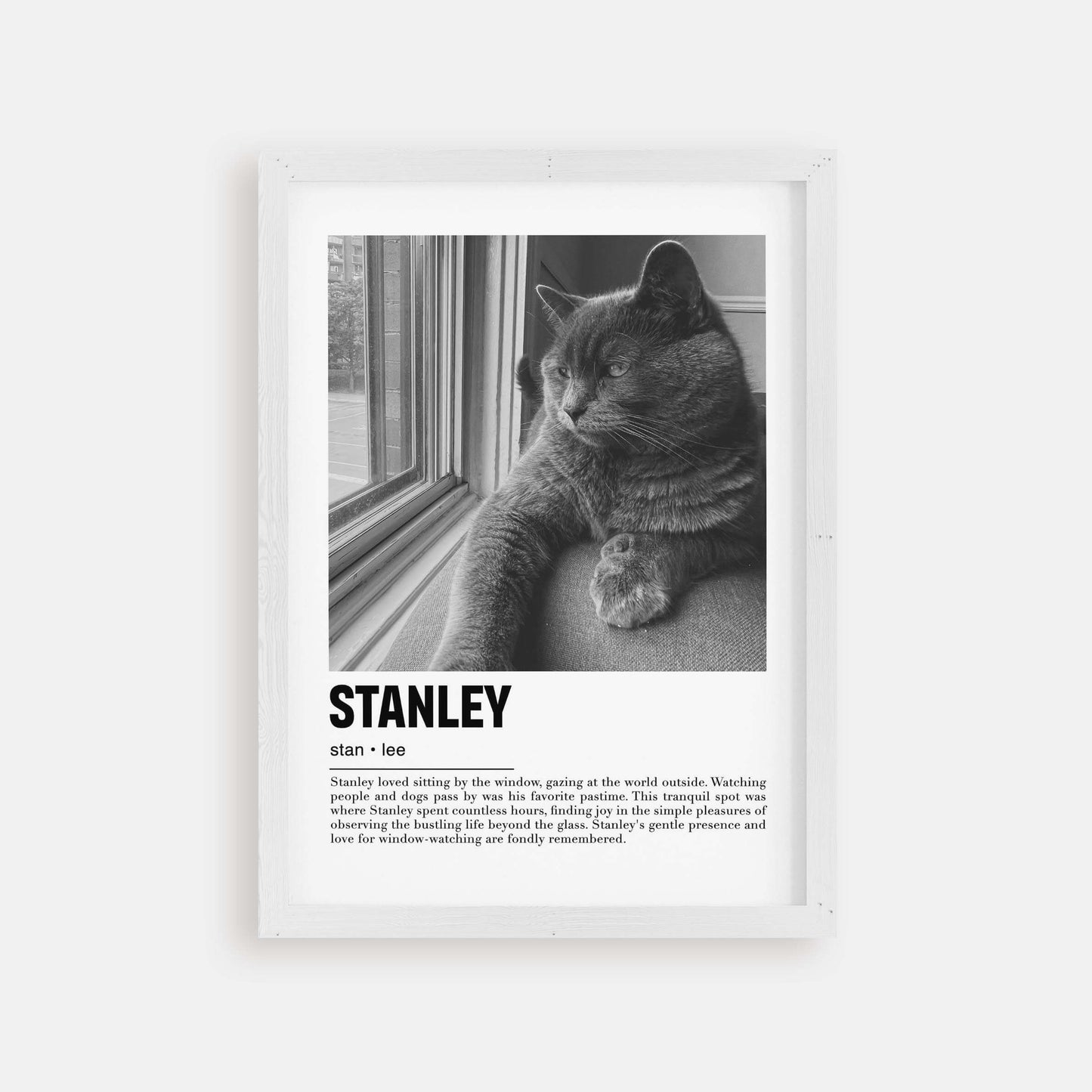 Personalized cat portrait in a picture frame with custom details, featuring a custom photo of a beloved feline. Ideal for custom pet portraits, this artwork serves as a beautiful cat memorial gift or personal pet art for the home. Perfect for custom pet frames, personalized pet portrait art, and custom cat artwork.
