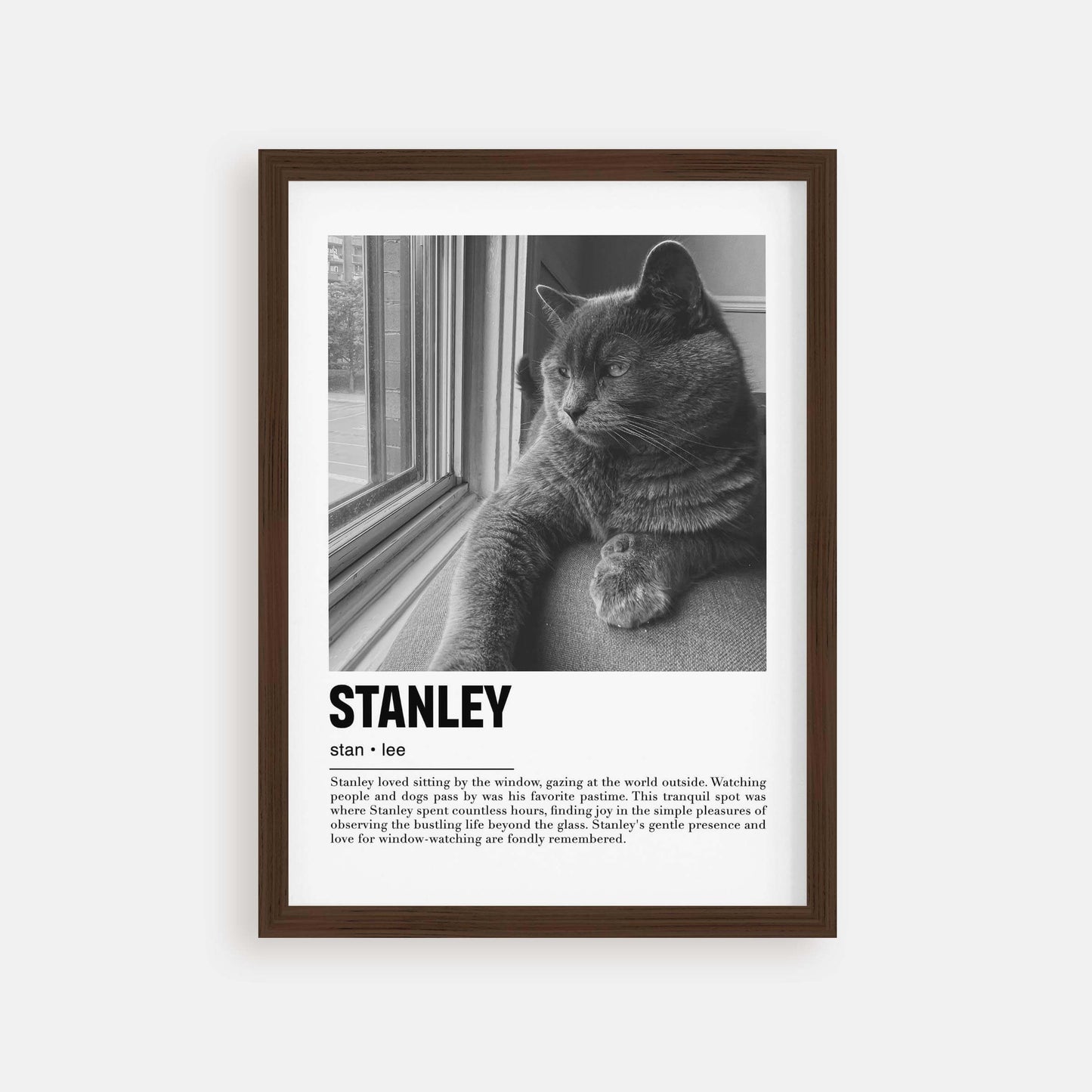 Personalized cat portrait in a picture frame with custom details, featuring a custom photo of a beloved feline. Ideal for custom pet portraits, this artwork serves as a beautiful cat memorial gift or personal pet art for the home. Perfect for custom pet frames, personalized pet portrait art, and custom cat artwork.