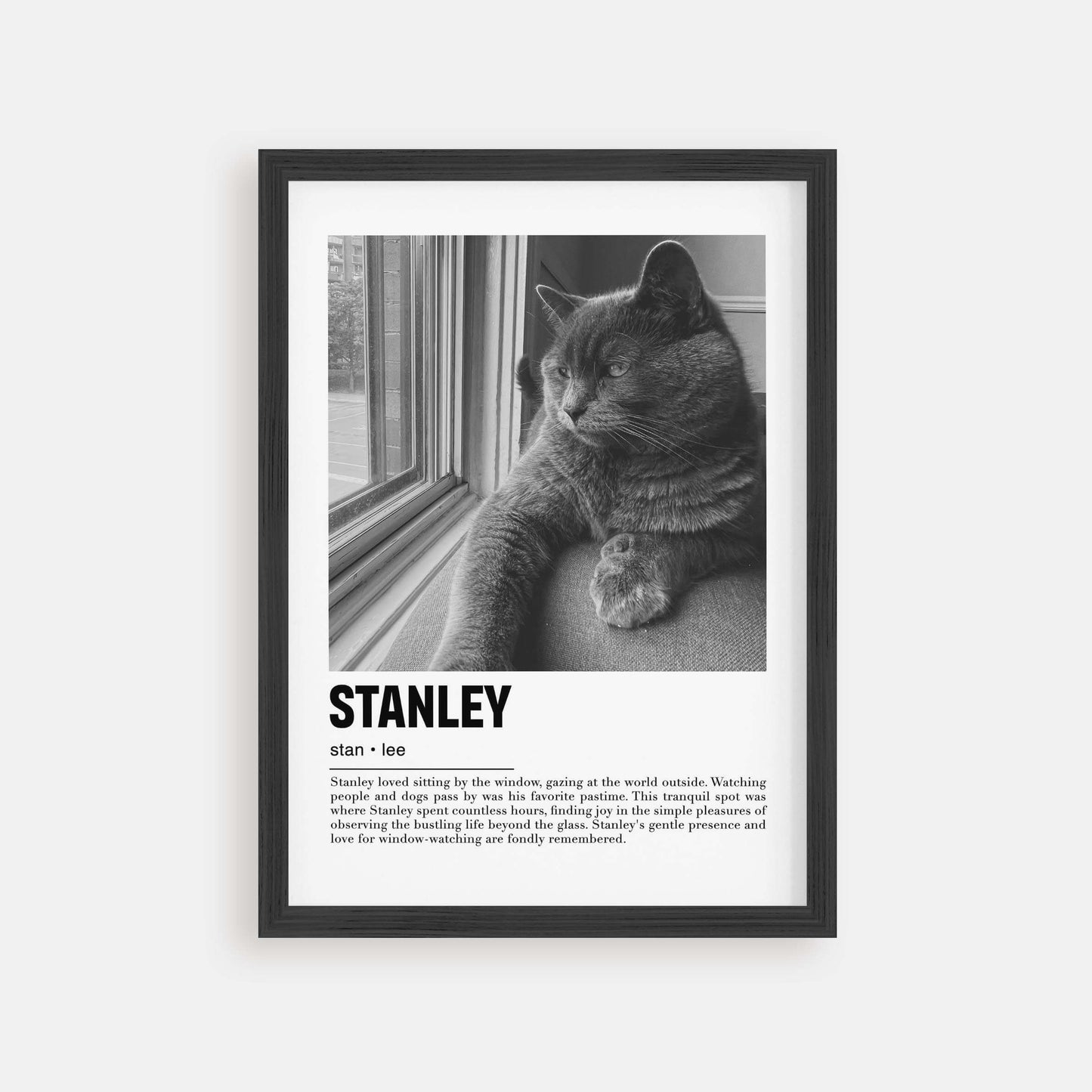 Personalized cat portrait in a picture frame with custom details, featuring a custom photo of a beloved feline. Ideal for custom pet portraits, this artwork serves as a beautiful cat memorial gift or personal pet art for the home. Perfect for custom pet frames, personalized pet portrait art, and custom cat artwork.