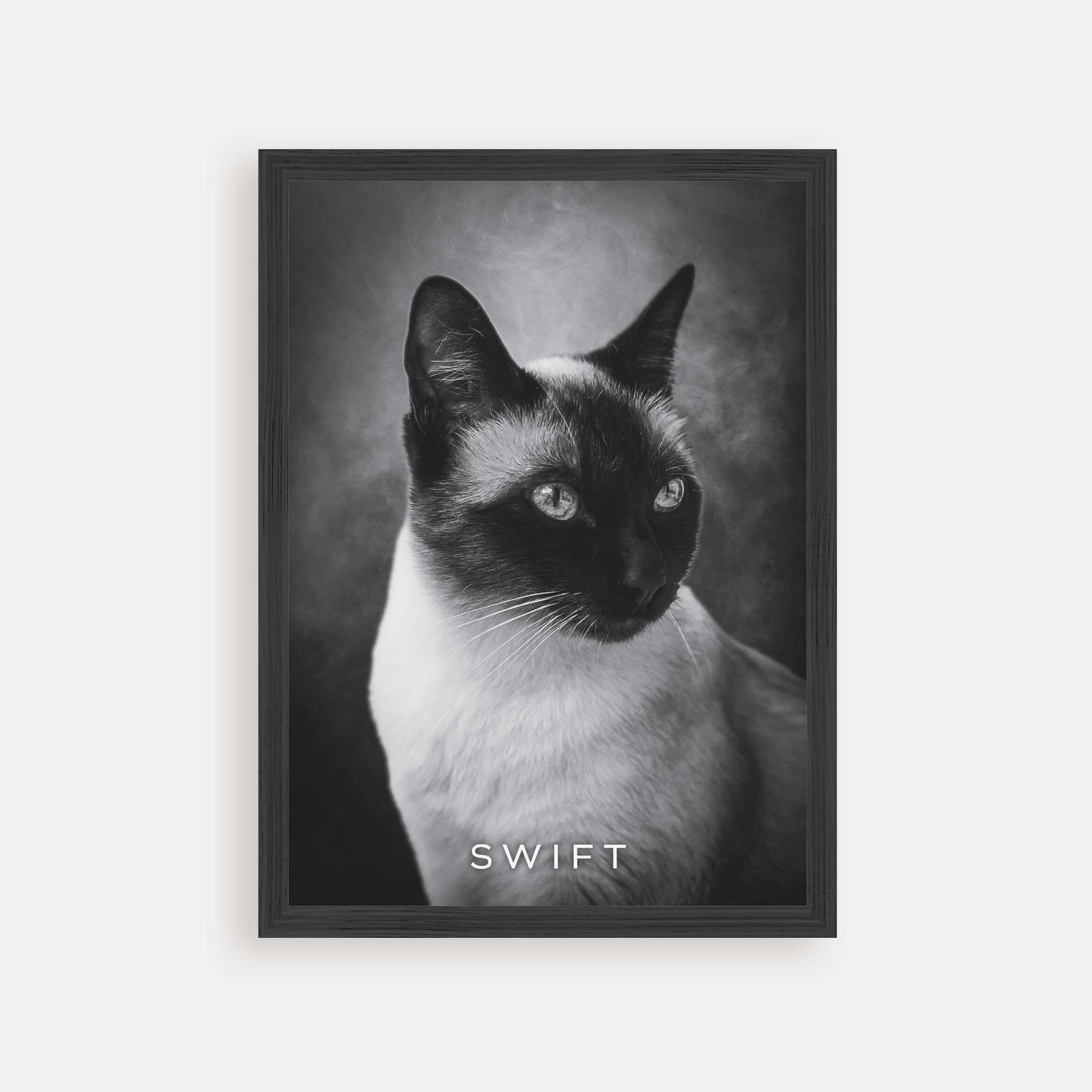 Personalized cat portrait in a picture frame with custom details, featuring a custom photo of a beloved feline. Ideal for custom pet portraits, this artwork serves as a beautiful cat memorial gift or personal pet art for the home. Perfect for custom pet frames, personalized pet portrait art, and custom cat artwork.
