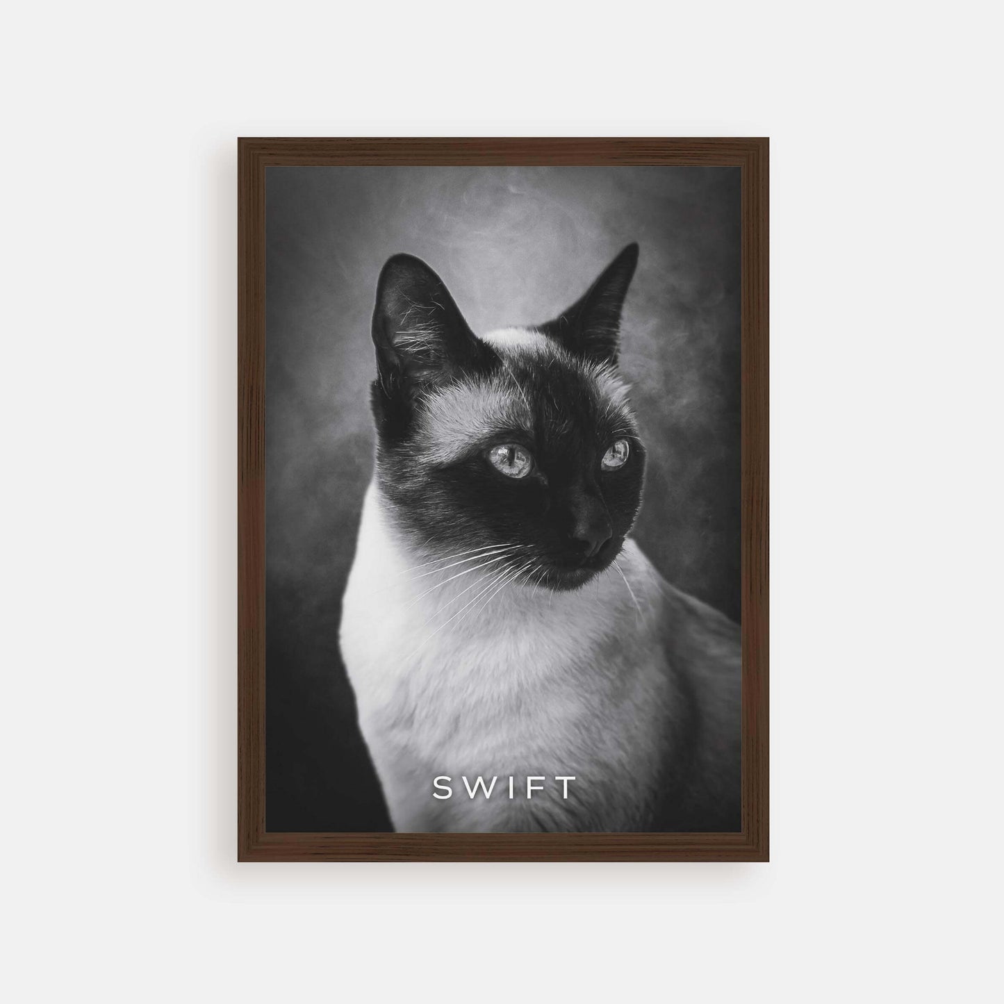 Personalized cat portrait in a picture frame with custom details, featuring a custom photo of a beloved feline. Ideal for custom pet portraits, this artwork serves as a beautiful cat memorial gift or personal pet art for the home. Perfect for custom pet frames, personalized pet portrait art, and custom cat artwork.