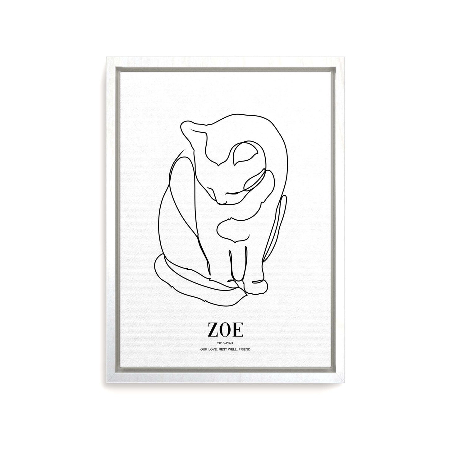 Personalized line drawn cat portrait on canvas with custom details, featuring a custom photo of a beloved feline. Ideal for custom pet portraits, this artwork serves as a beautiful cat memorial gift or personal pet art for the home. Perfect for custom pet canvas, personalized pet portrait art, and custom cat artwork.