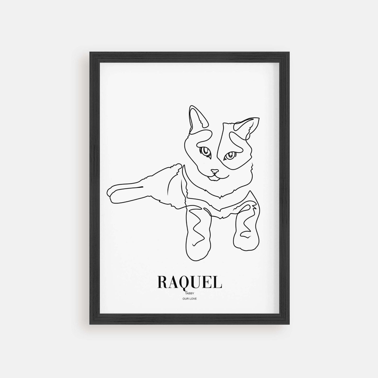 Personalized cat portrait in a picture frame with custom details, featuring a custom photo of a beloved feline. Ideal for custom pet portraits, this artwork serves as a beautiful cat memorial gift or personal pet art for the home. Perfect for custom pet frames, personalized pet portrait art, and custom cat artwork.