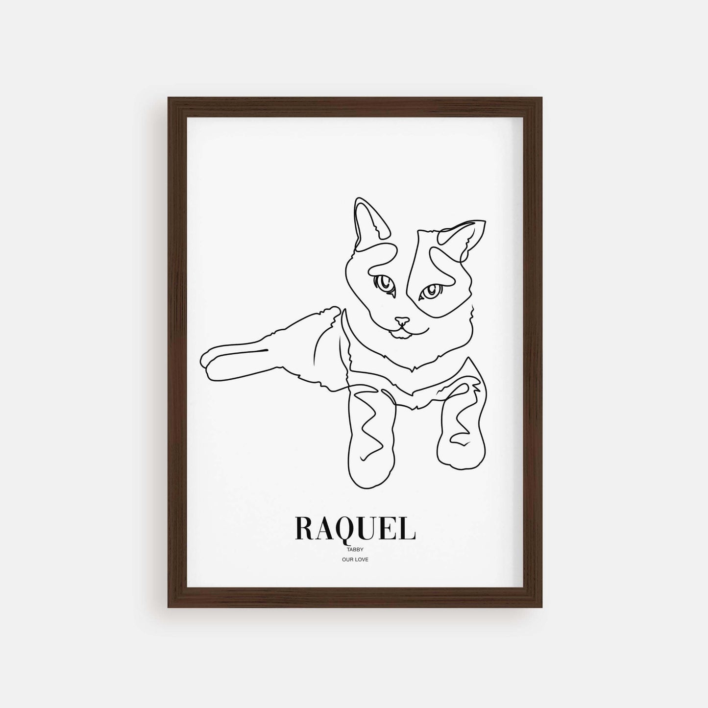 Personalized cat portrait in a picture frame with custom details, featuring a custom photo of a beloved feline. Ideal for custom pet portraits, this artwork serves as a beautiful cat memorial gift or personal pet art for the home. Perfect for custom pet frames, personalized pet portrait art, and custom cat artwork.