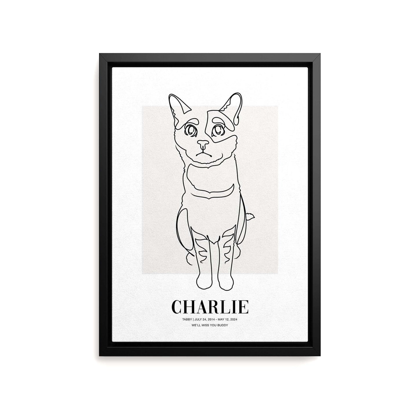 Personalized cat portrait on canvas with custom details, featuring a custom photo of a beloved feline. Ideal for custom pet portraits, this artwork serves as a beautiful cat memorial gift or personal pet art for the home. Perfect for custom pet canvas, personalized pet portrait art, and custom cat artwork.