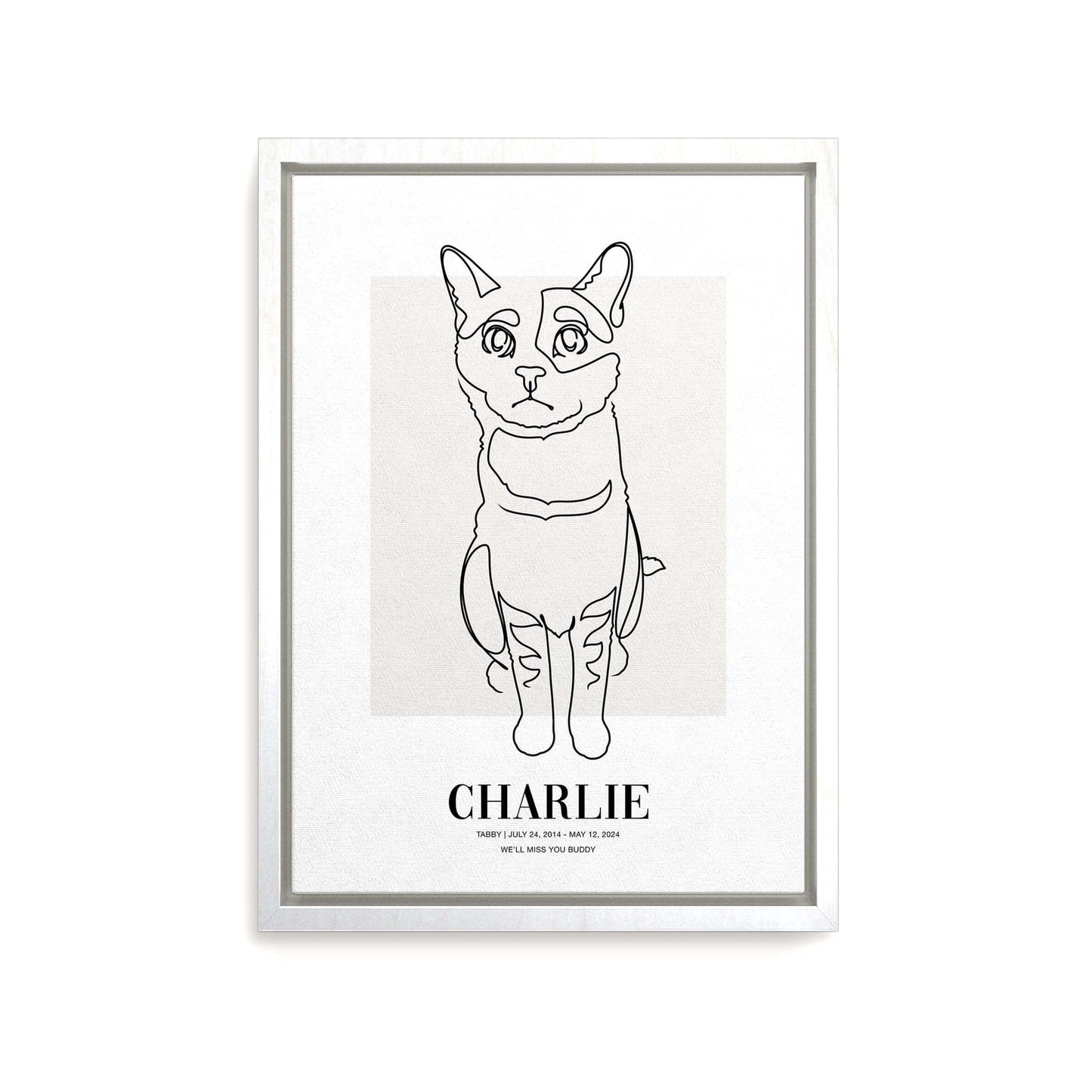 Personalized cat portrait on canvas with custom details, featuring a custom photo of a beloved feline. Ideal for custom pet portraits, this artwork serves as a beautiful cat memorial gift or personal pet art for the home. Perfect for custom pet canvas, personalized pet portrait art, and custom cat artwork.
