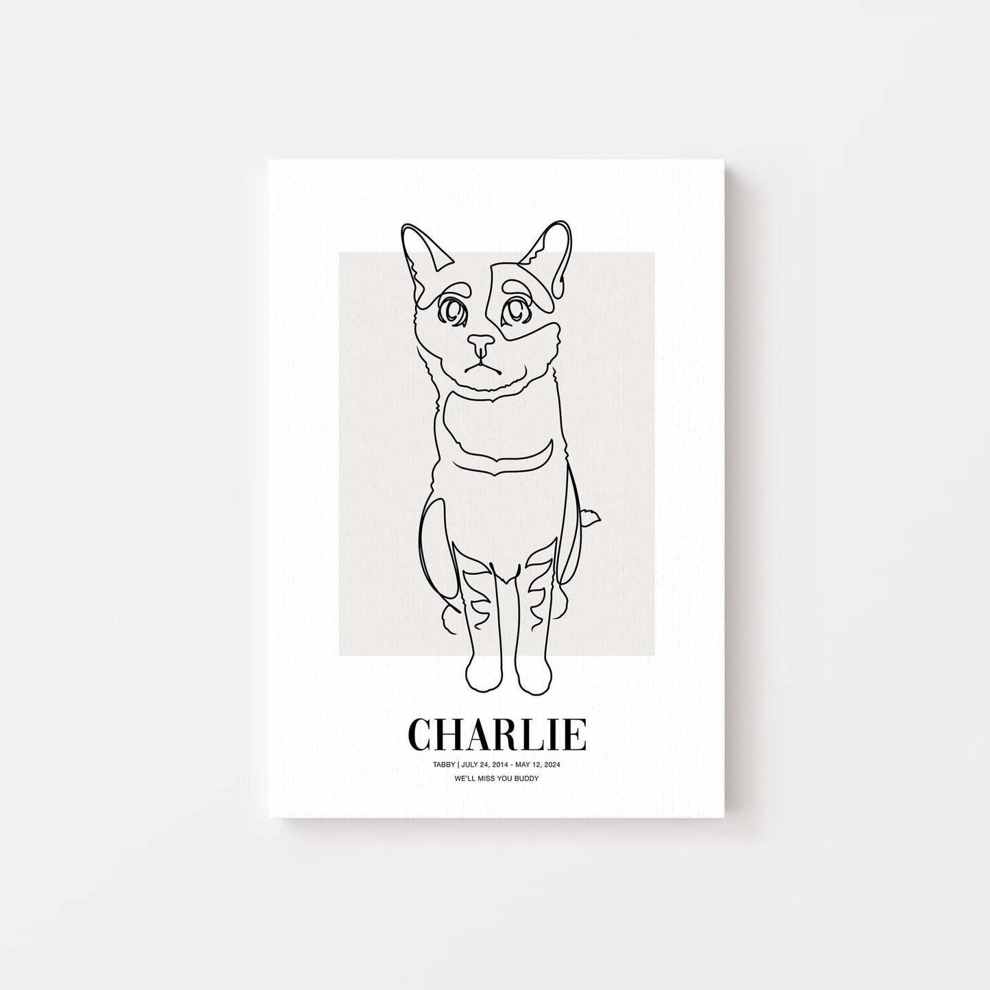 Personalized cat portrait on canvas with custom details, featuring a custom photo of a beloved feline. Ideal for custom pet portraits, this artwork serves as a beautiful cat memorial gift or personal pet art for the home. Perfect for custom pet canvas, personalized pet portrait art, and custom cat artwork.