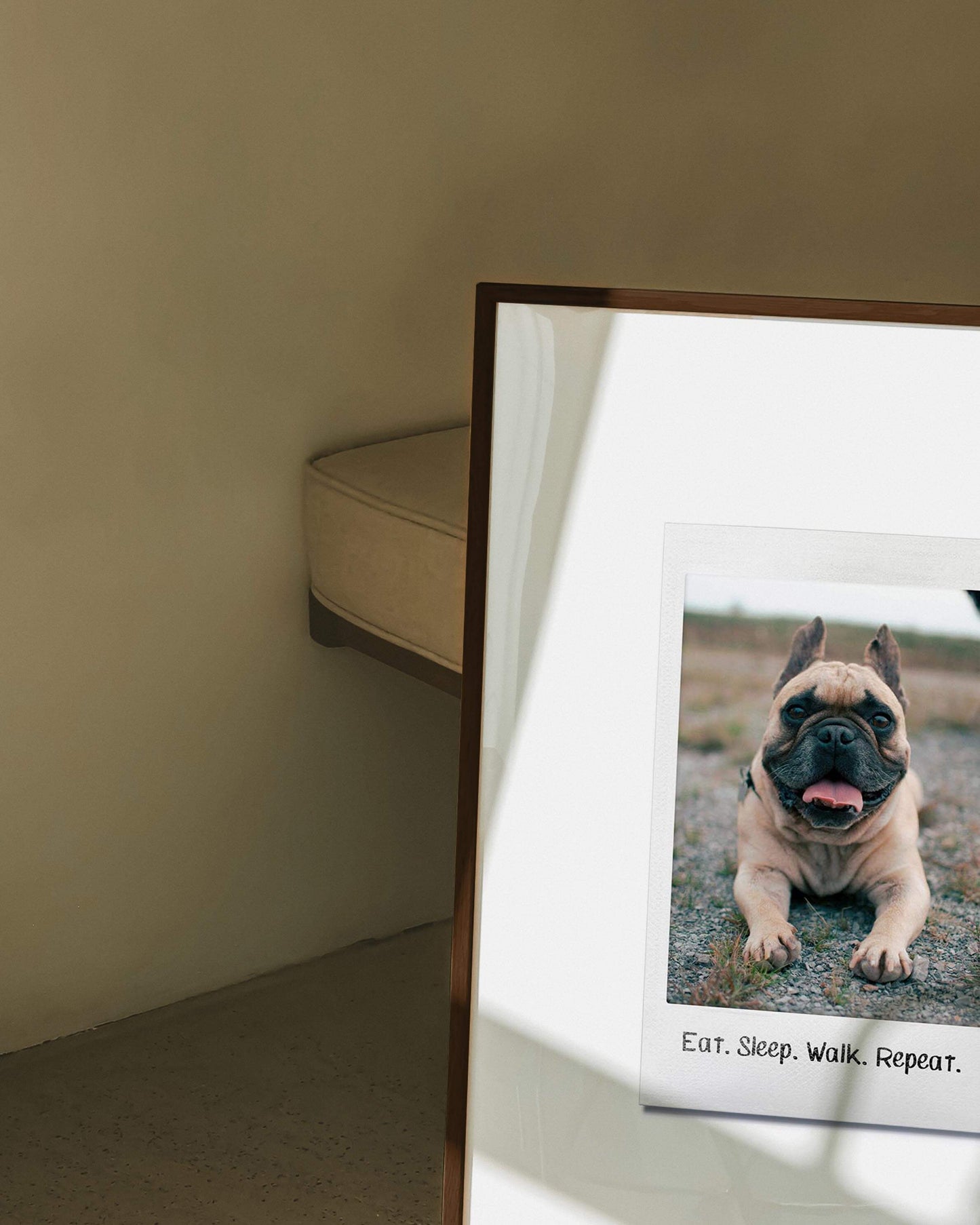 custom dog photo turned into instant film framed print in modern interior home decor. art made by vogue paws personalized pet portrait art made for gift ideas for dog mom and dog dad pet parents or as a pet memorial sympathy gift idea