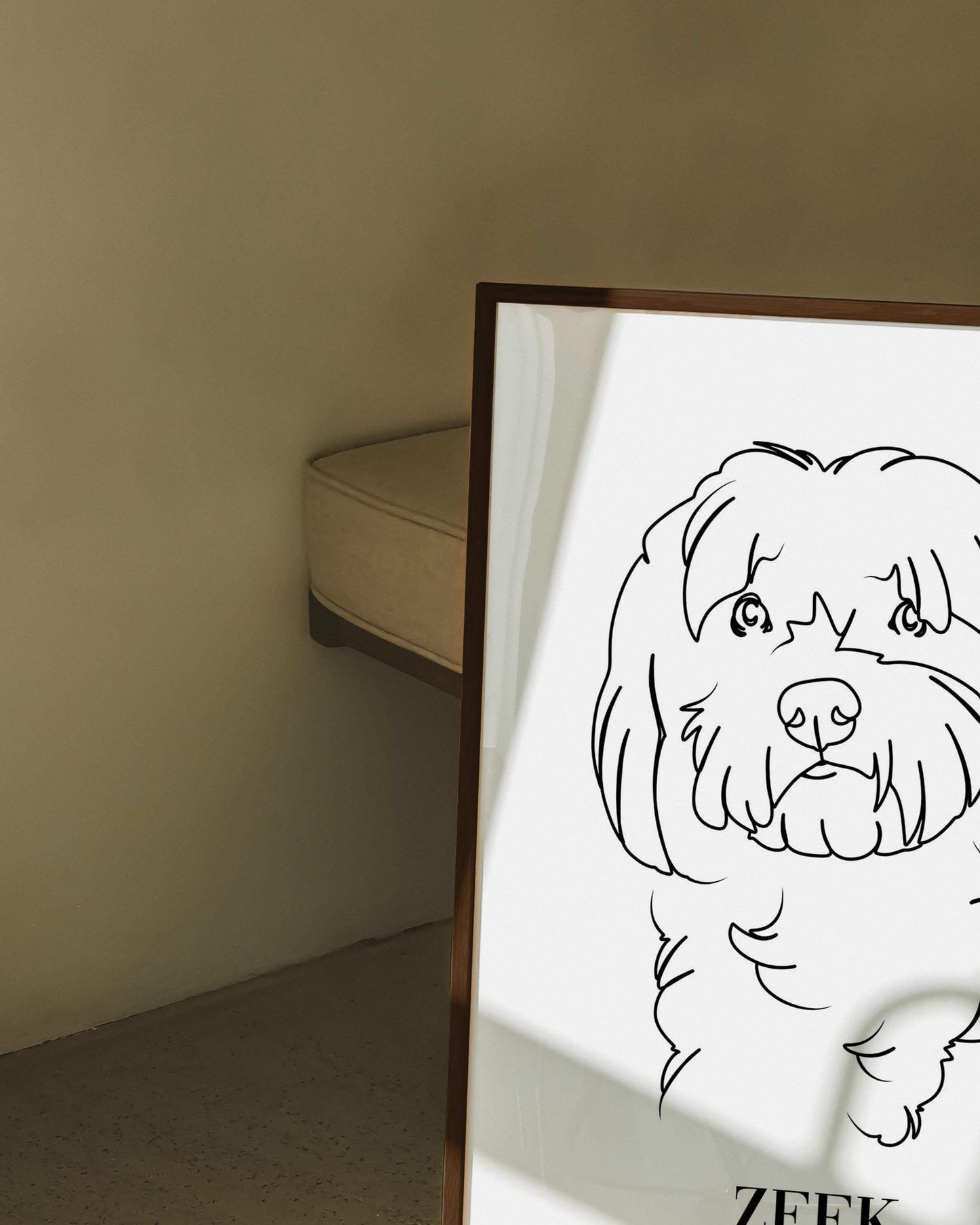custom dog drawing line art in living room by vogue paws who specialize in personalized pet portraits for the home and gift ideas like pet memorial tribute art or dog mom and dog dad pet parent gift ideas.