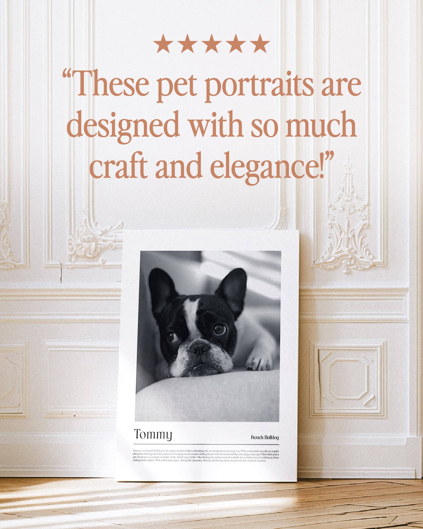 French Bulldog photo printed as black and white art and custom framed and personalized in modern home decor setting making a unique custom gift for dog mom and dog dad pet parents created by vogue paws personalized pet portraits