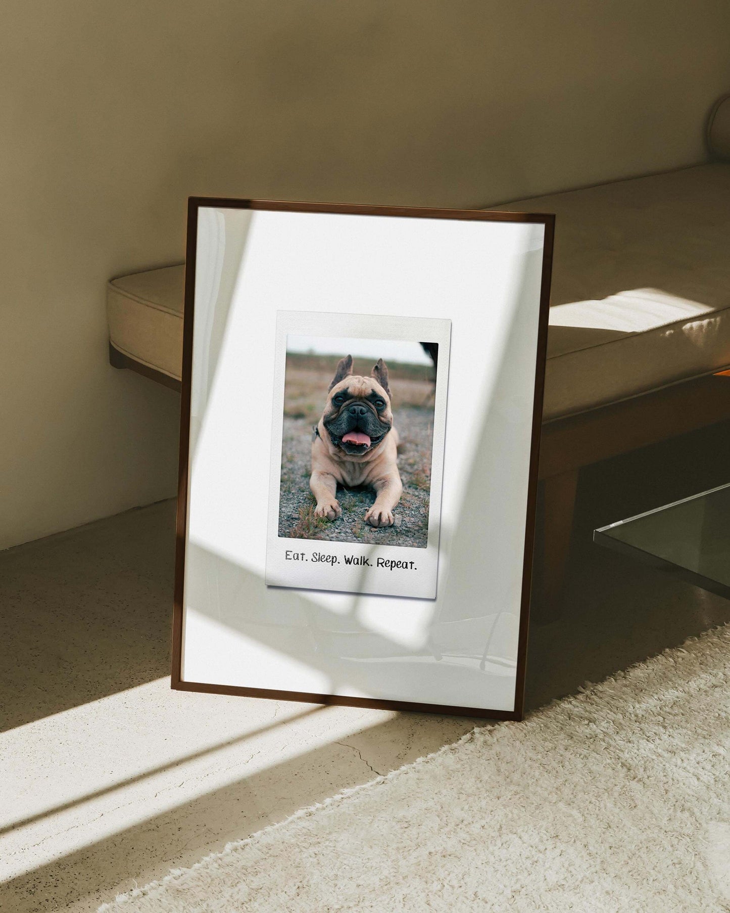 custom dog photo turned into instant film framed print in modern interior home decor. art made by vogue paws personalized pet portrait art made for gift ideas for dog mom and dog dad pet parents or as a pet memorial sympathy gift idea