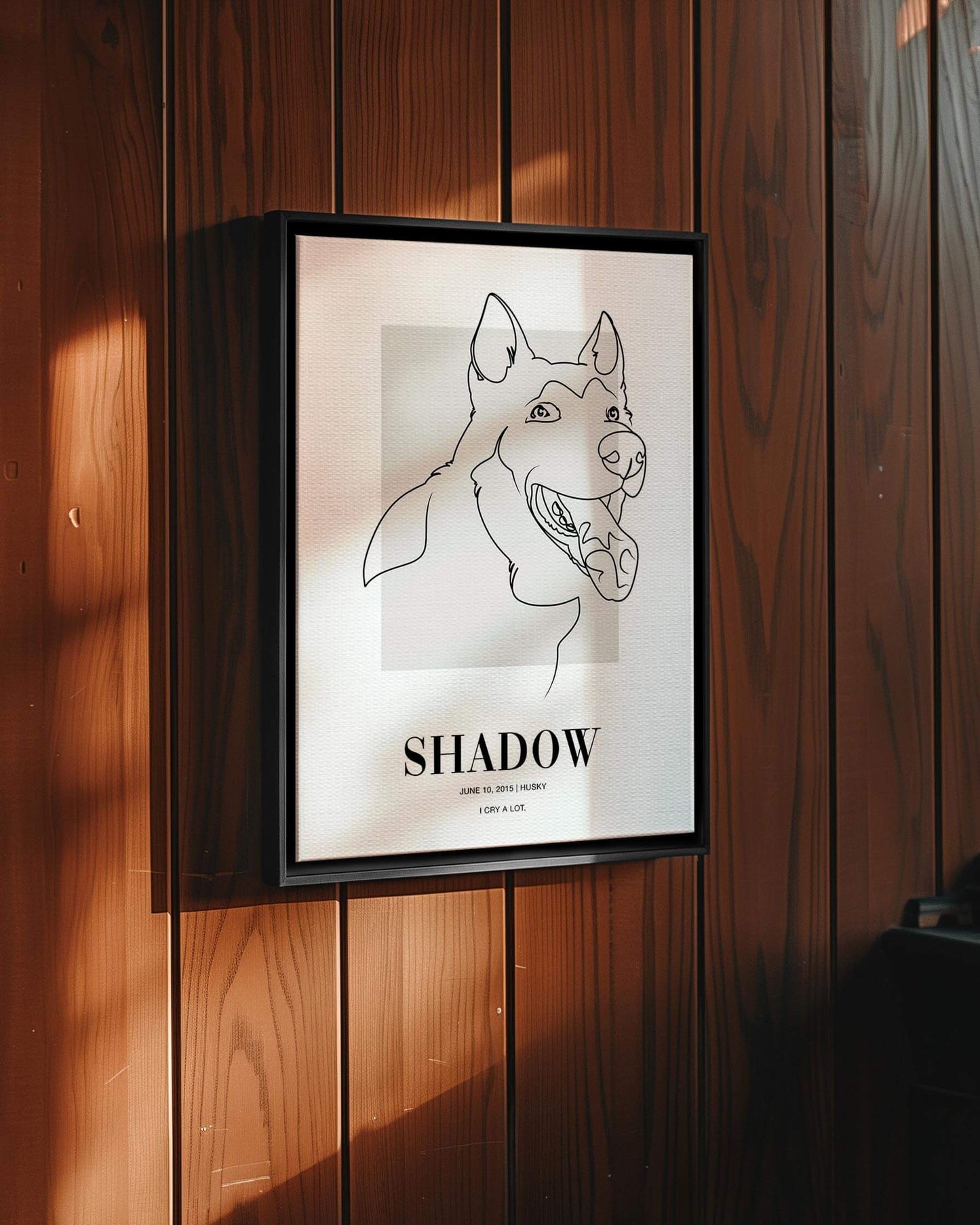 custom line drawn dog portrait printed on canvas and mounted in a unique home decor as a gift for a dog mom or dog dad pet parent made by vogue paws who specialize in personalized pet portrait gifts