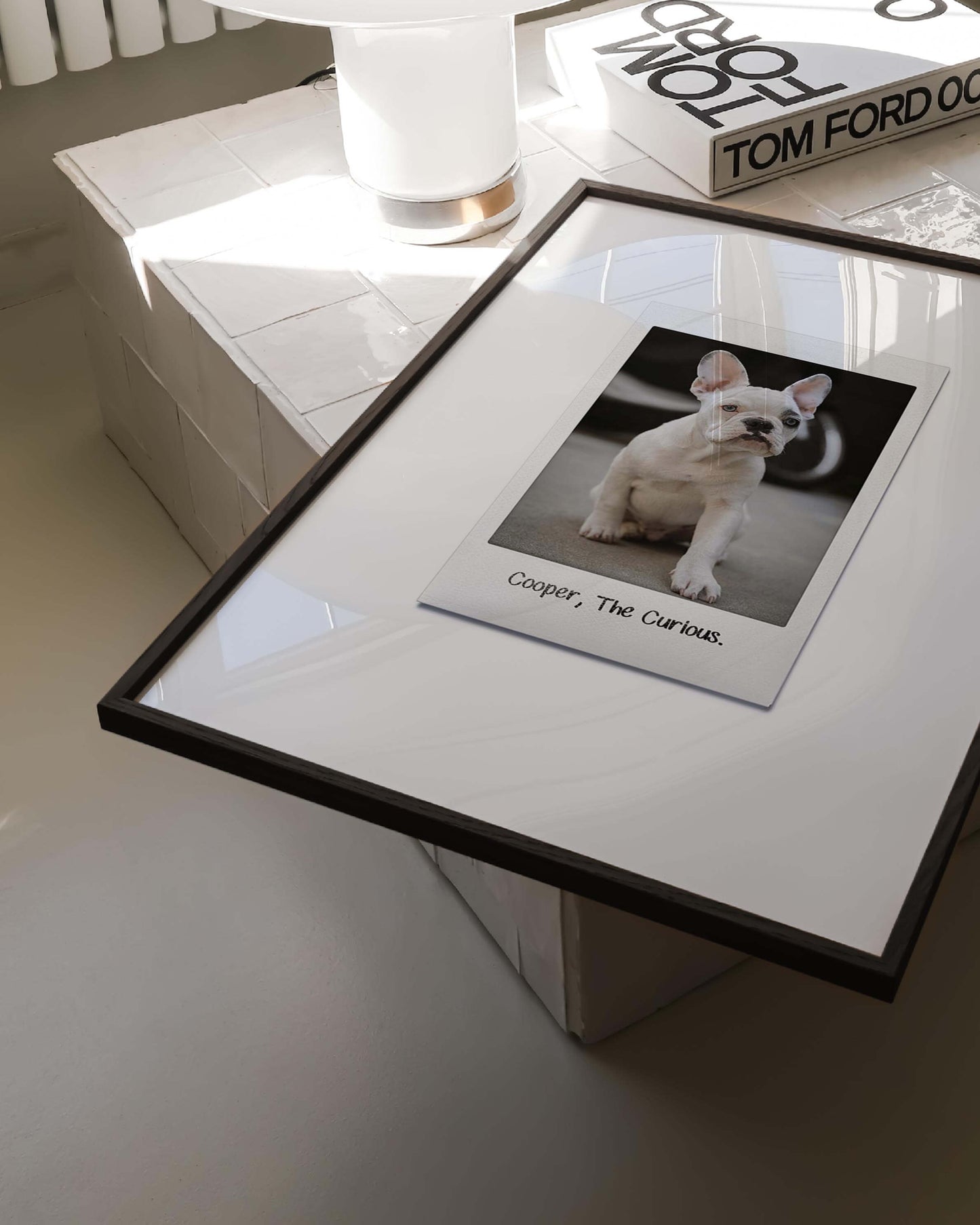 custom dog photo turned into instant film framed print in modern interior home decor. art made by vogue paws personalized pet portrait art made for gift ideas for dog mom and dog dad pet parents or as a pet memorial sympathy gift idea