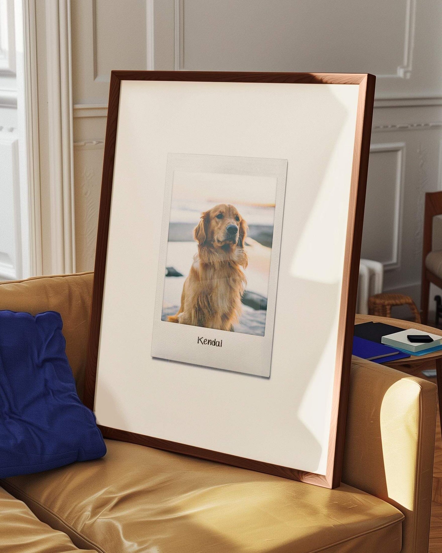 custom dog photo turned into instant film framed print in modern interior home decor. art made by vogue paws personalized pet portrait art made for gift ideas for dog mom and dog dad pet parents or as a pet memorial sympathy gift idea