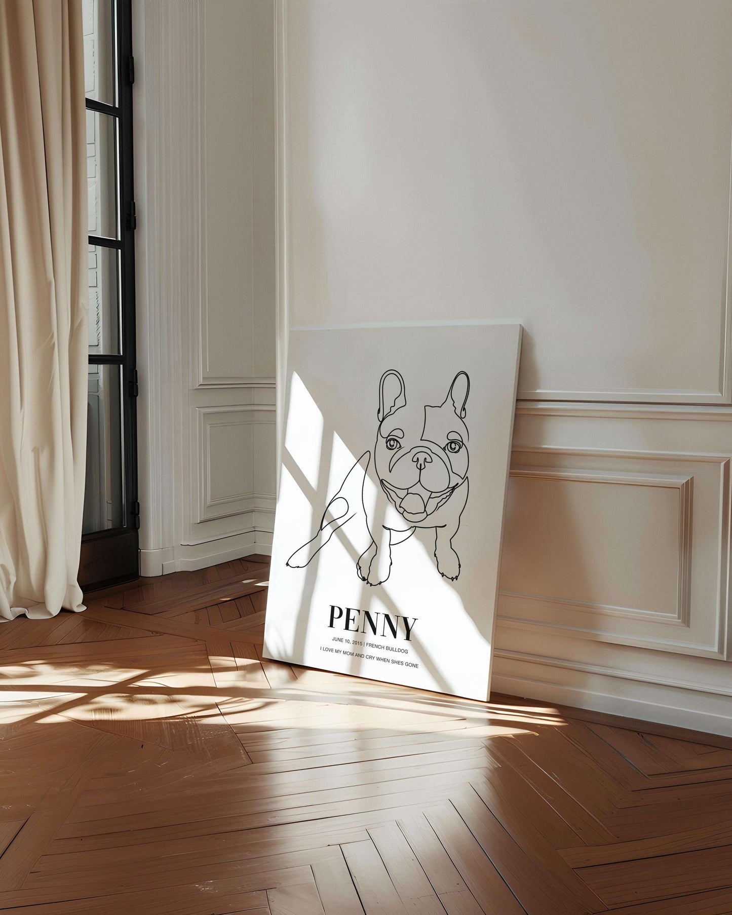 french bulldog print line drawing custom art on canvas and mounted on wall of contemporary home decor living space creating a unique custom gift idea for dog mom and dog dad pet parents made by vogue paws personalized pet portrait dog art