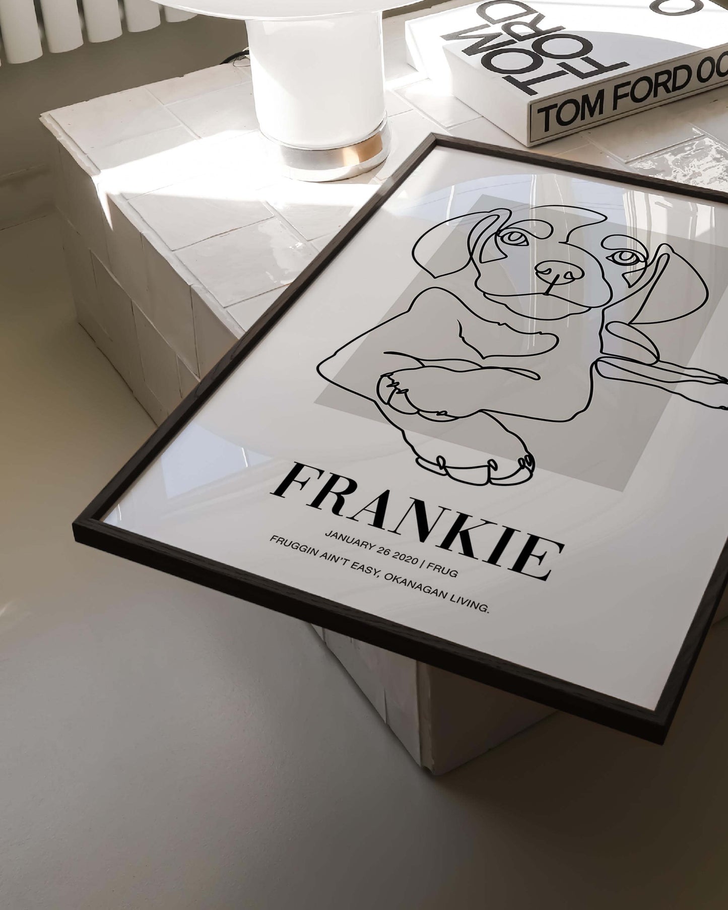 custom dog drawing line art in living room by vogue paws who specialize in personalized pet portraits for the home and gift ideas like pet memorial tribute art or dog mom and dog dad pet parent gift ideas.