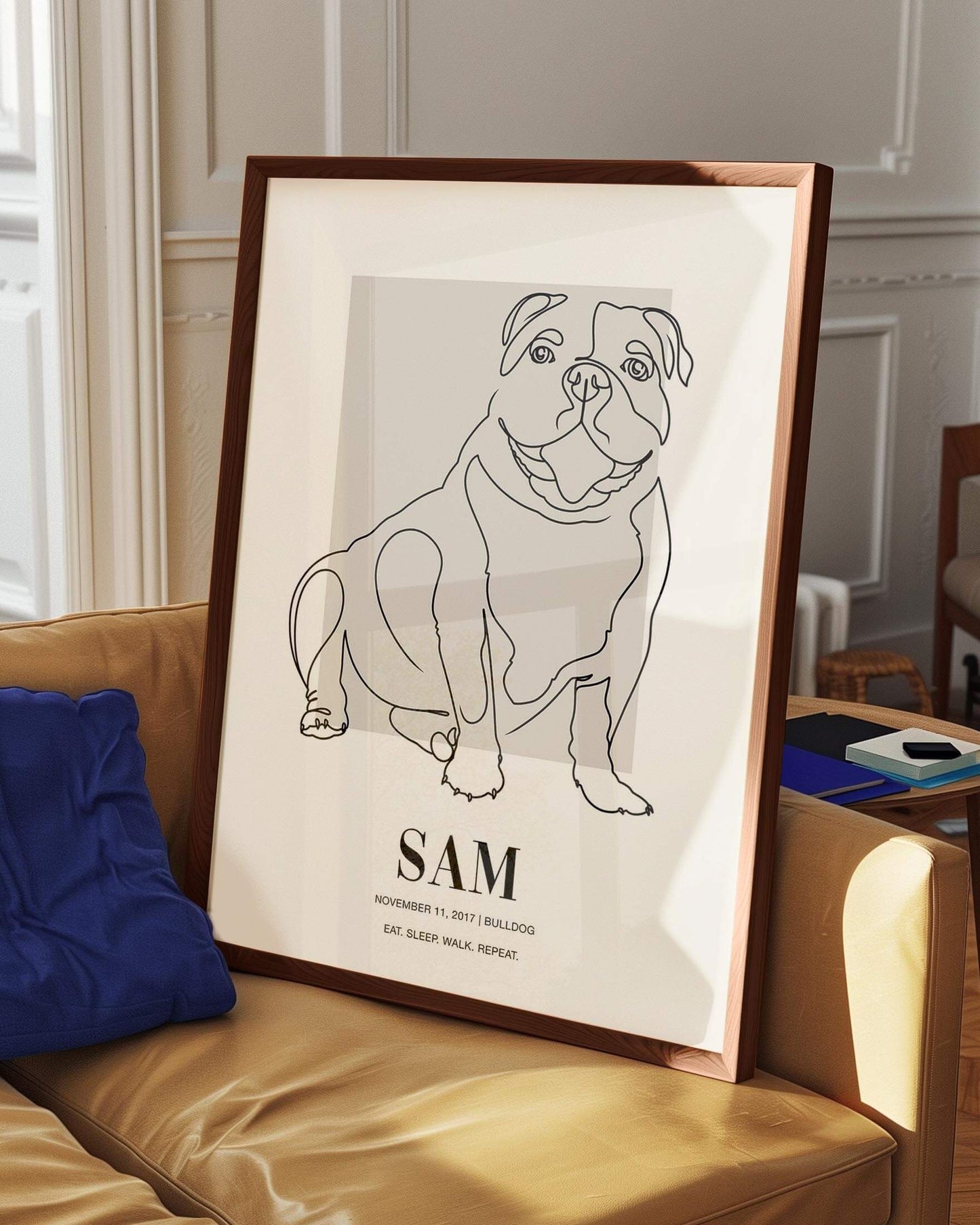 custom dog drawing line art in living room by vogue paws who specialize in personalized pet portraits for the home and gift ideas like pet memorial tribute art or dog mom and dog dad pet parent gift ideas.