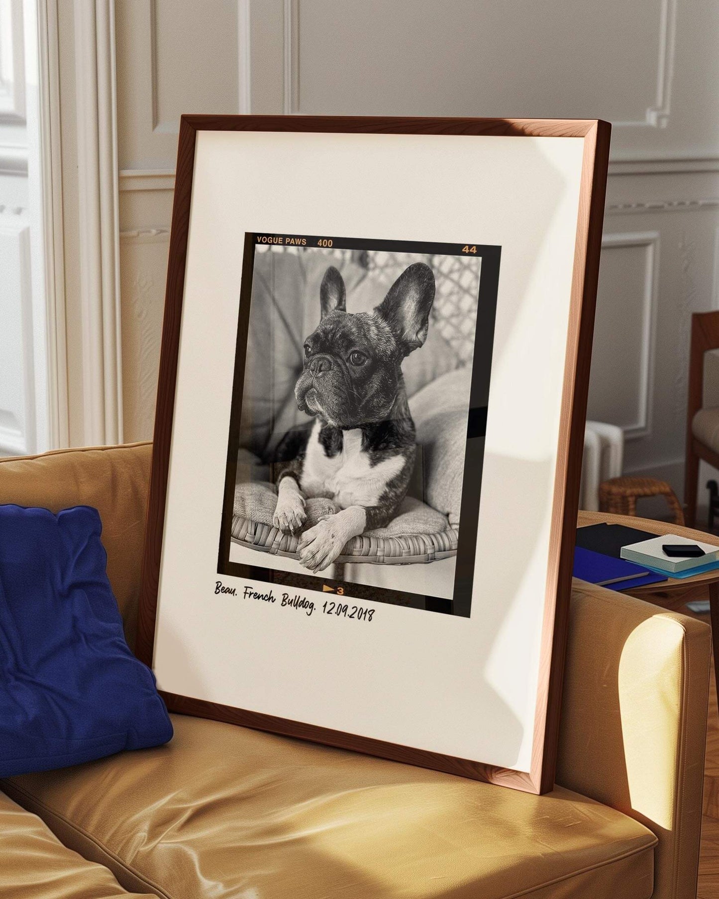 Black and white art dog photo custom fine art pet portrait in film negative vintage art style made by vogue paws creators of the best pet portrait art gifts for dog mom and dog dad pet parents and pet lovers or sympathy gift pet memorial ideas