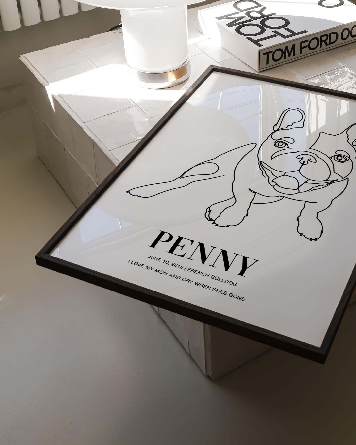 custom dog drawing line art in living room by vogue paws who specialize in personalized pet portraits for the home and gift ideas like pet memorial tribute art or dog mom and dog dad pet parent gift ideas.