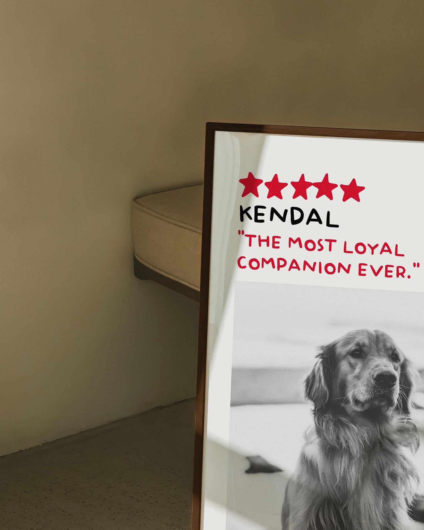 dog photo printed in black and white custom art on framed poster and displayed in contemporary home decor living space creating a unique custom gift idea for dog mom and dog dad pet parents made by vogue paws personalized pet portrait dog art