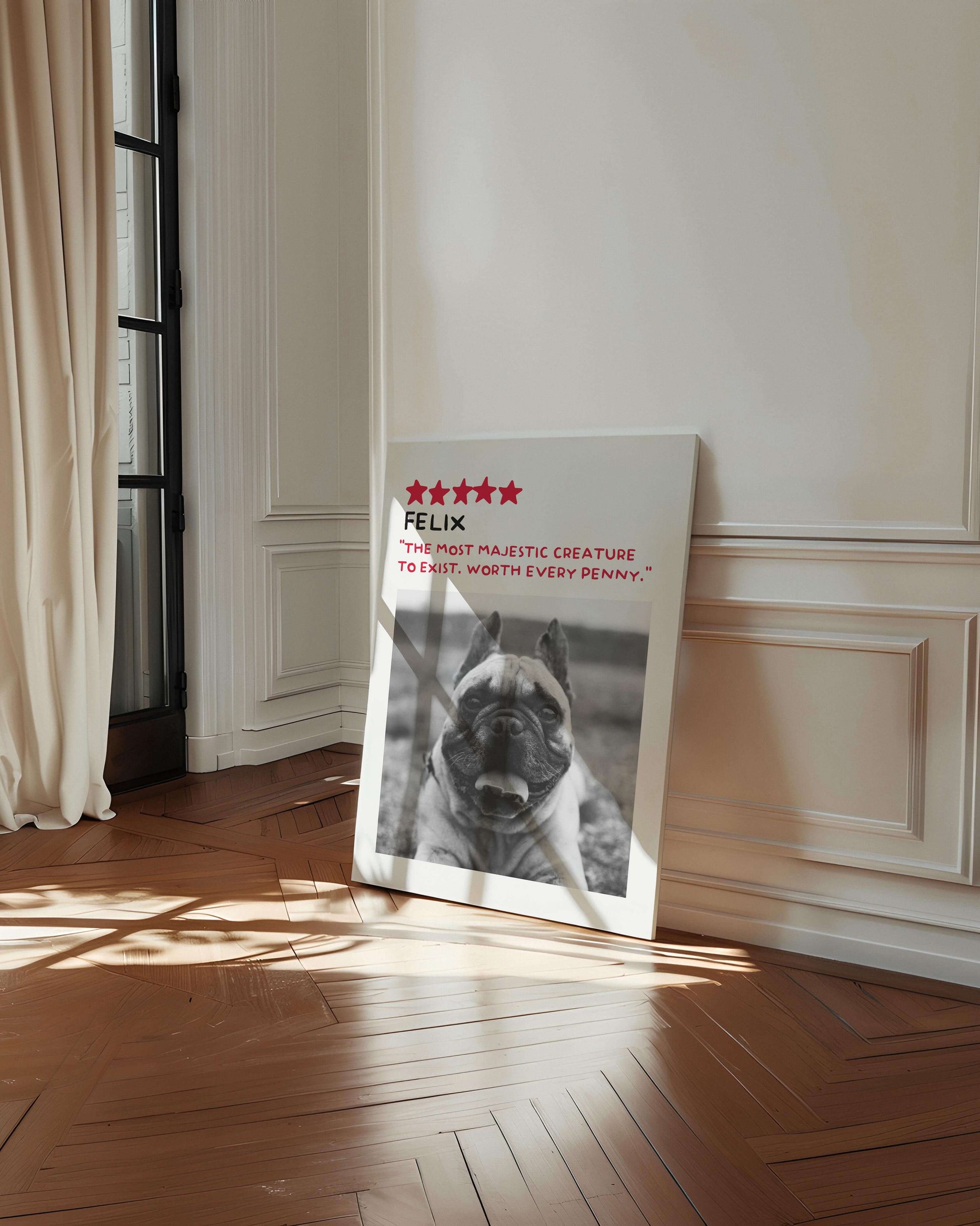 French Bulldog photo printed in black and white custom art on canvas and mounted on wall of contemporary home decor living space creating a unique custom gift idea for dog mom and dog dad pet parents made by vogue paws personalized pet portrait dog art