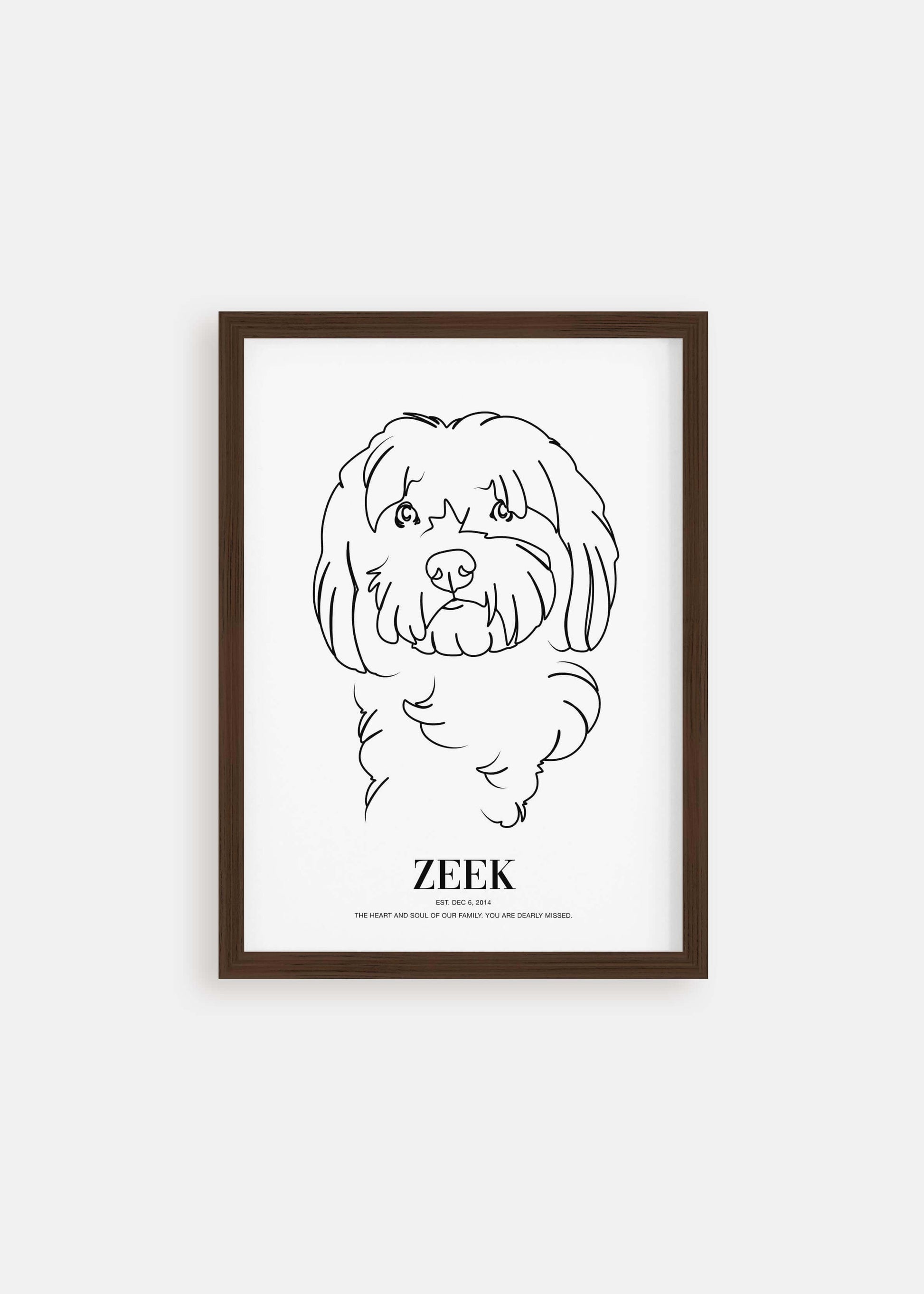 Dog memorial line drawn pet art in walnut framed poster