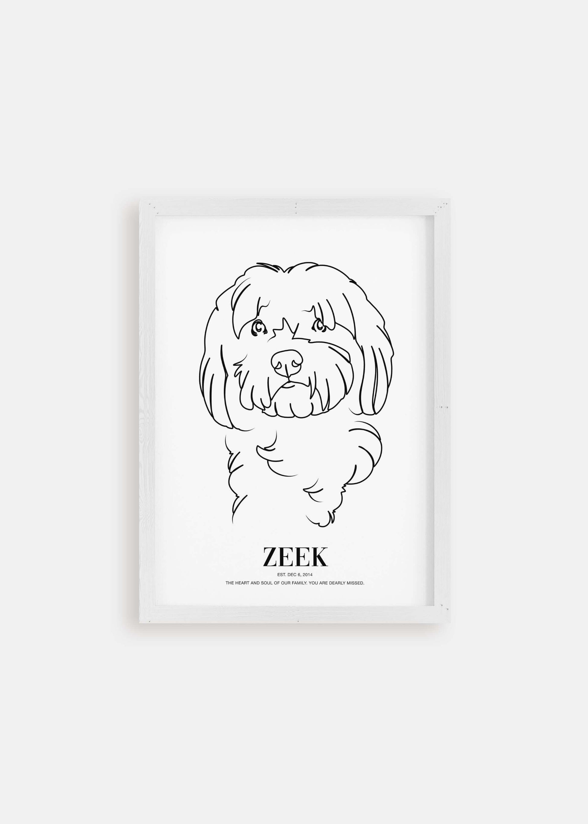Dog memorial line drawn pet art in white framed poster