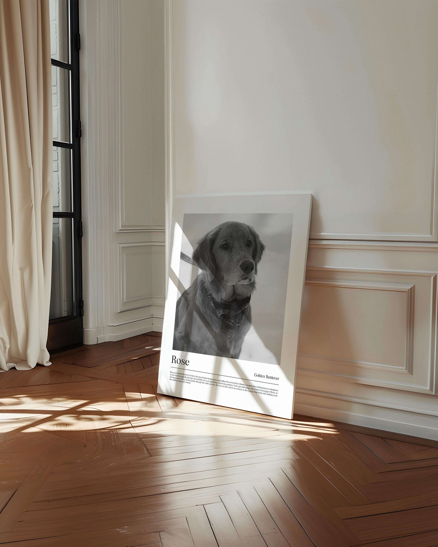 Golden retriever dog photo printed as black and white art and custom framed and personalized in modern home decor setting making a unique custom gift for dog mom and dog dad pet parents created by vogue paws personalized pet portraits