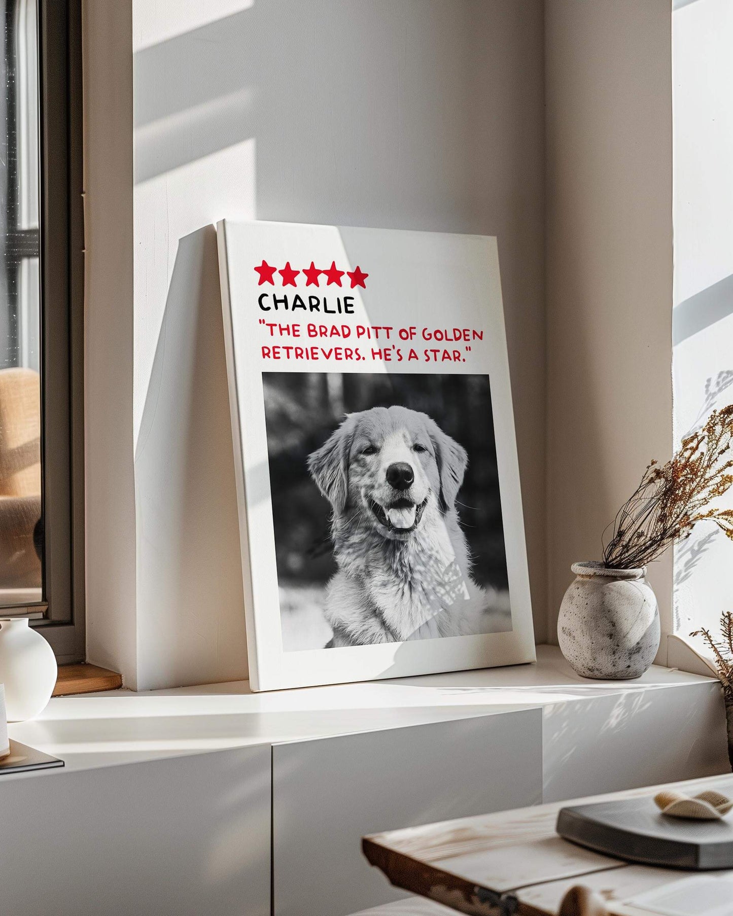 Golden Retriever dog photo printed in black and white custom art on canvas and mounted on wall of contemporary home decor living space creating a unique custom gift idea for dog mom and dog dad pet parents made by vogue paws personalized pet portrait dog art