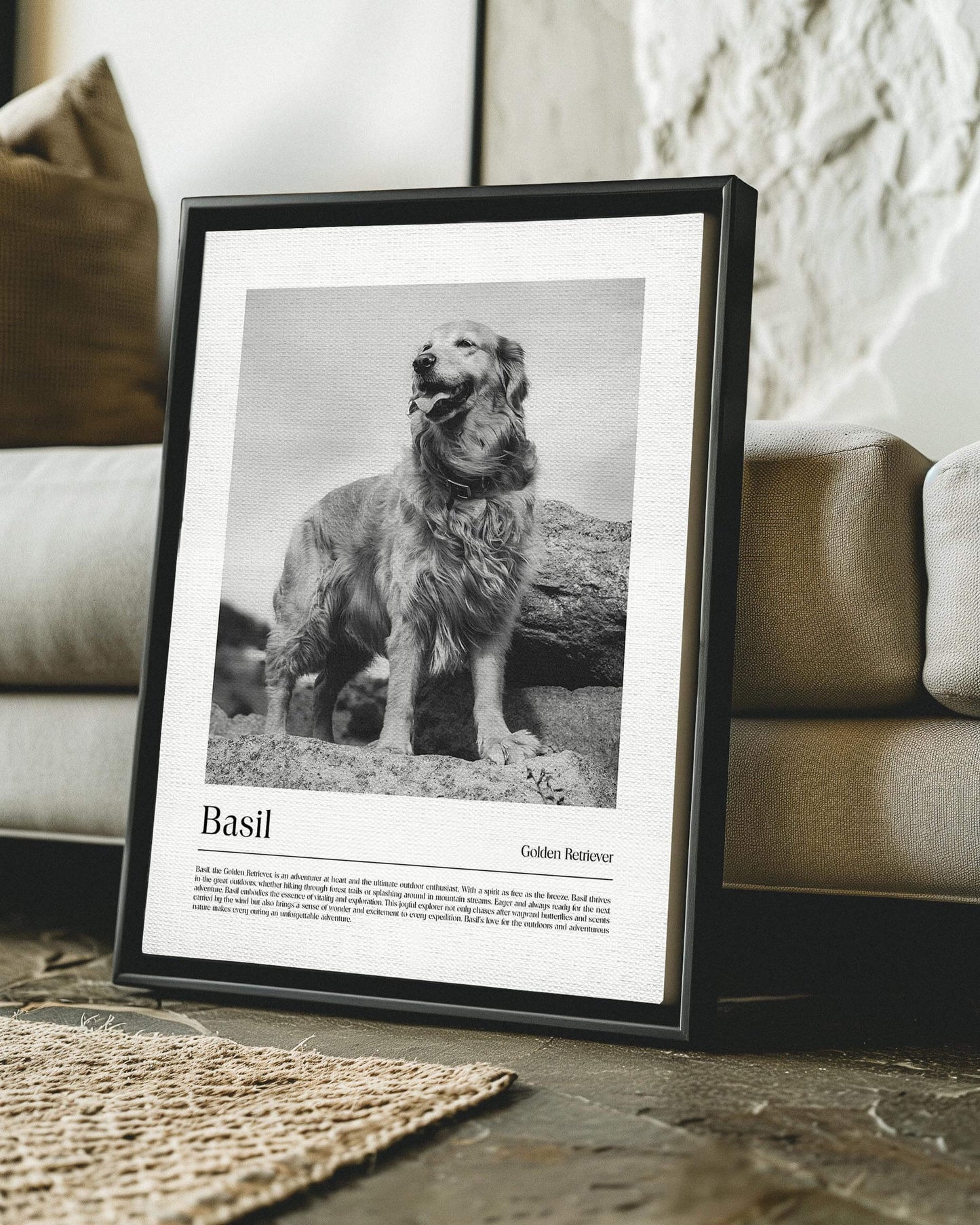 Golden retriever dog photo printed as black and white art and custom framed and personalized in modern home decor setting making a unique custom gift for dog mom and dog dad pet parents created by vogue paws personalized pet portraits