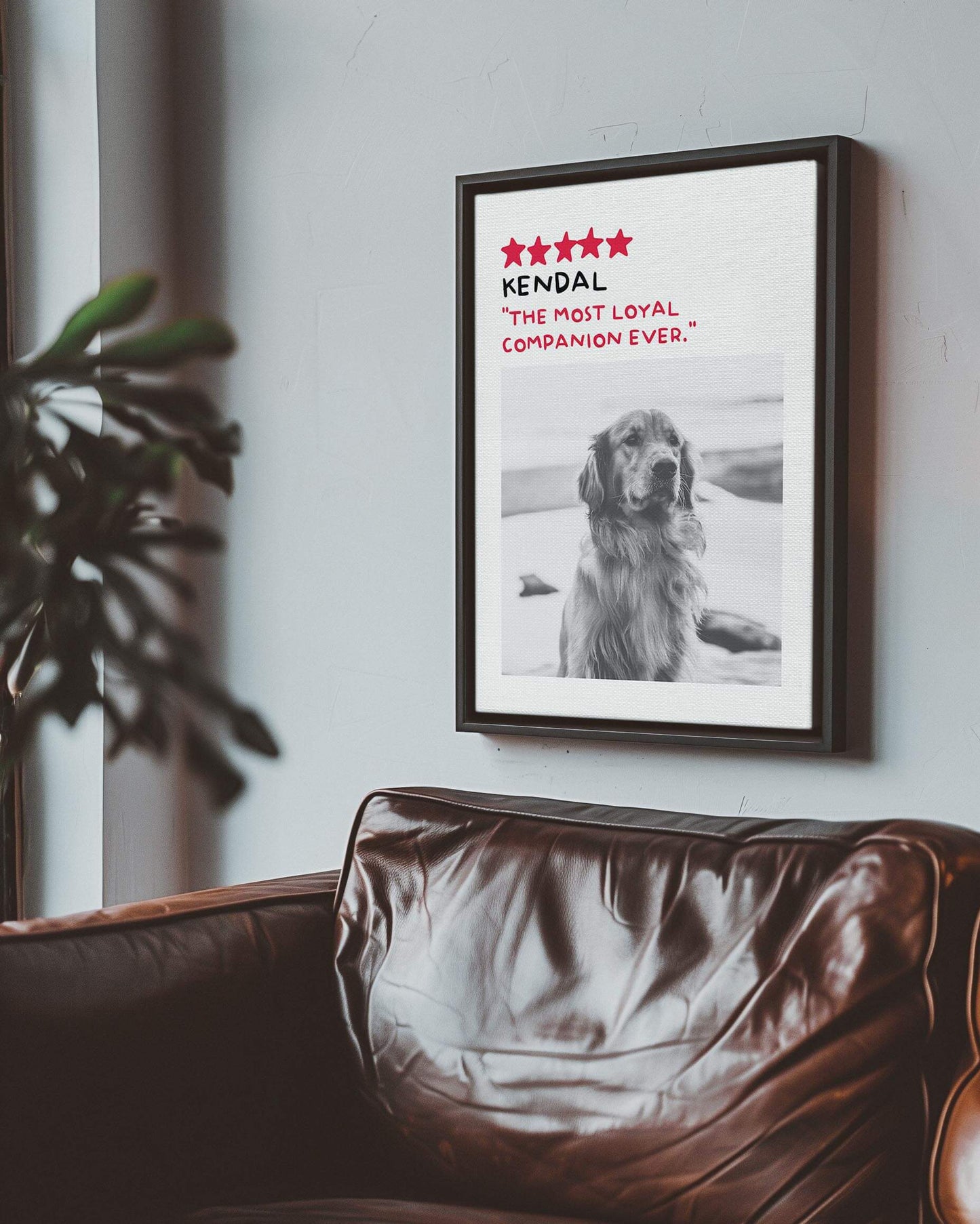 Golden Retriever puppy photo printed in black and white custom art on canvas and mounted on wall of contemporary home decor living space creating a unique custom gift idea for dog mom and dog dad pet parents made by vogue paws personalized pet portrait dog art