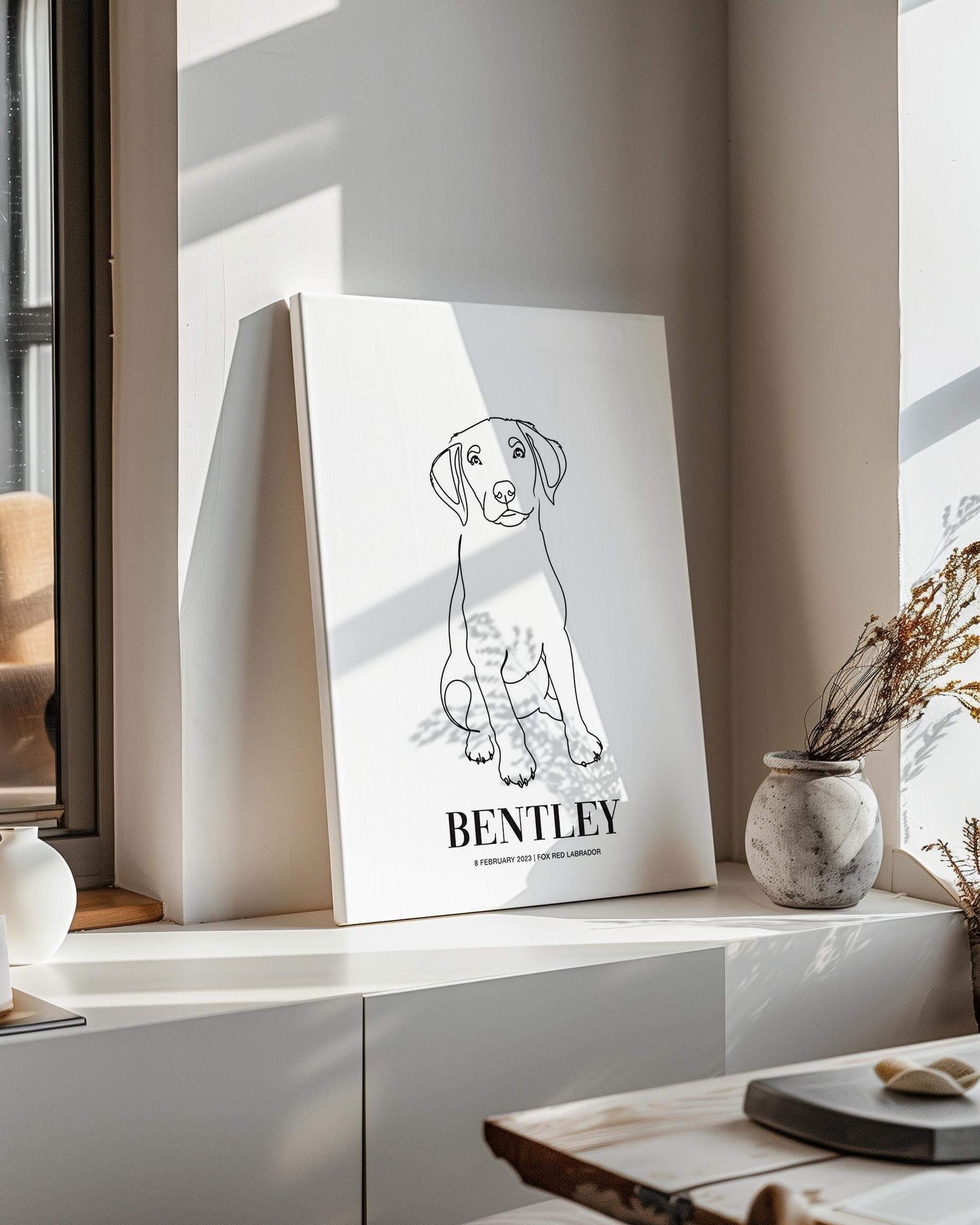 labrador dog print line drawing custom art on canvas and mounted on wall of contemporary home decor living space creating a unique custom gift idea for dog mom and dog dad pet parents made by vogue paws personalized pet portrait dog art