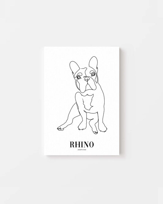 french bulldog print line drawing custom art on canvas and mounted on wall of contemporary home decor living space creating a unique custom gift idea for dog mom and dog dad pet parents made by vogue paws personalized pet portrait dog art