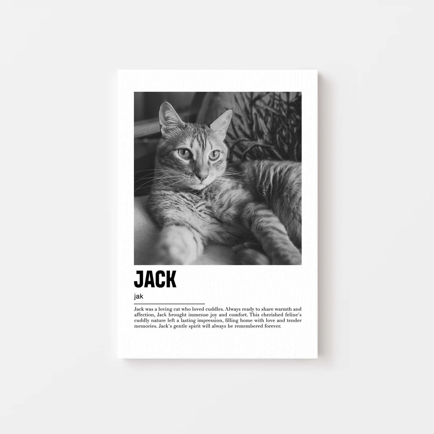 Personalized cat portrait on canvas with custom details, featuring a custom photo of a beloved feline. Ideal for custom pet portraits, this artwork serves as a beautiful cat memorial gift or personal pet art for the home. Perfect for custom pet canvas, personalized pet portrait art, and custom cat artwork.