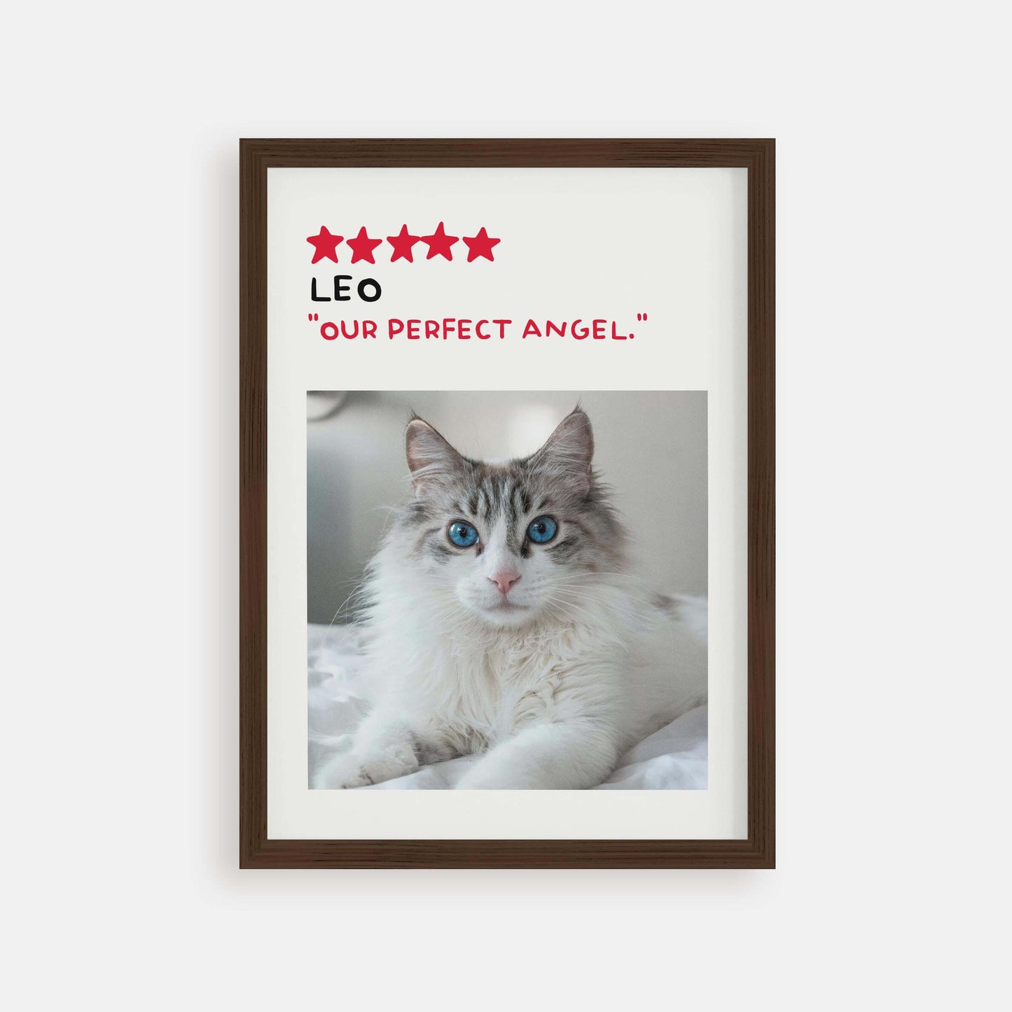 Personalized cat portrait in a picture frame with custom details, featuring a custom photo of a beloved feline. Ideal for custom pet portraits, this artwork serves as a beautiful cat memorial gift or personal pet art for the home. Perfect for custom pet frames, personalized pet portrait art, and custom cat artwork.