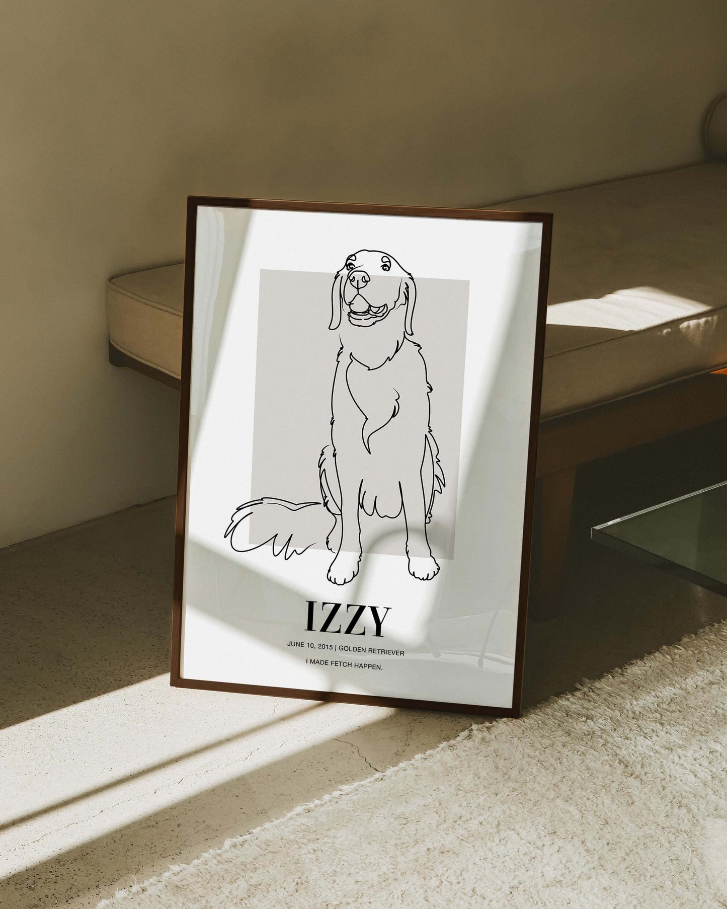 custom dog drawing line art in living room by vogue paws who specialize in personalized pet portraits for the home and gift ideas like pet memorial tribute art or dog mom and dog dad pet parent gift ideas.