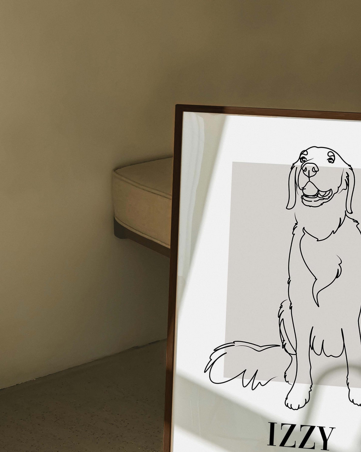 custom dog drawing line art in living room by vogue paws who specialize in personalized pet portraits for the home and gift ideas like pet memorial tribute art or dog mom and dog dad pet parent gift ideas.