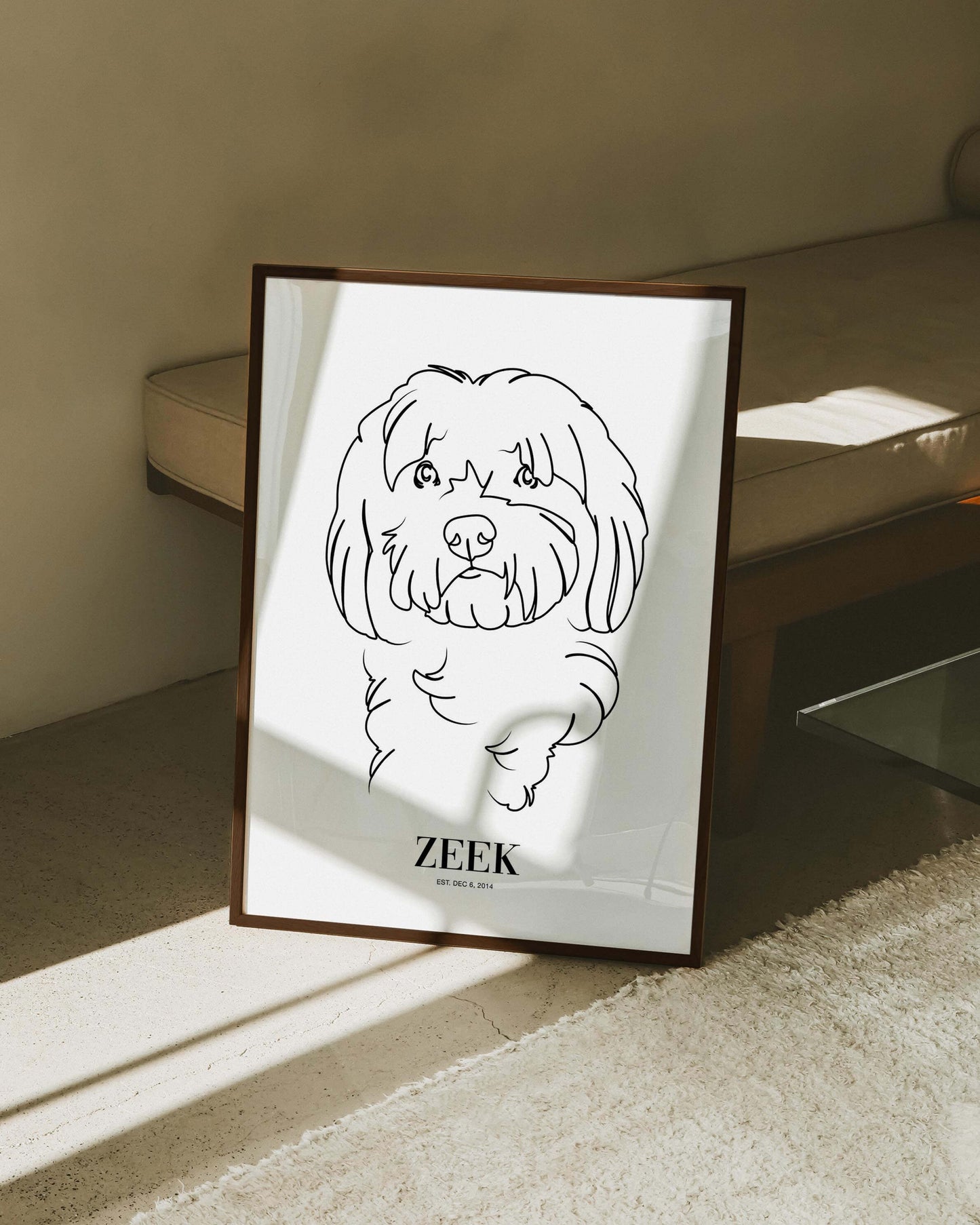 custom dog drawing line art in living room by vogue paws who specialize in personalized pet portraits for the home and gift ideas like pet memorial tribute art or dog mom and dog dad pet parent gift ideas.