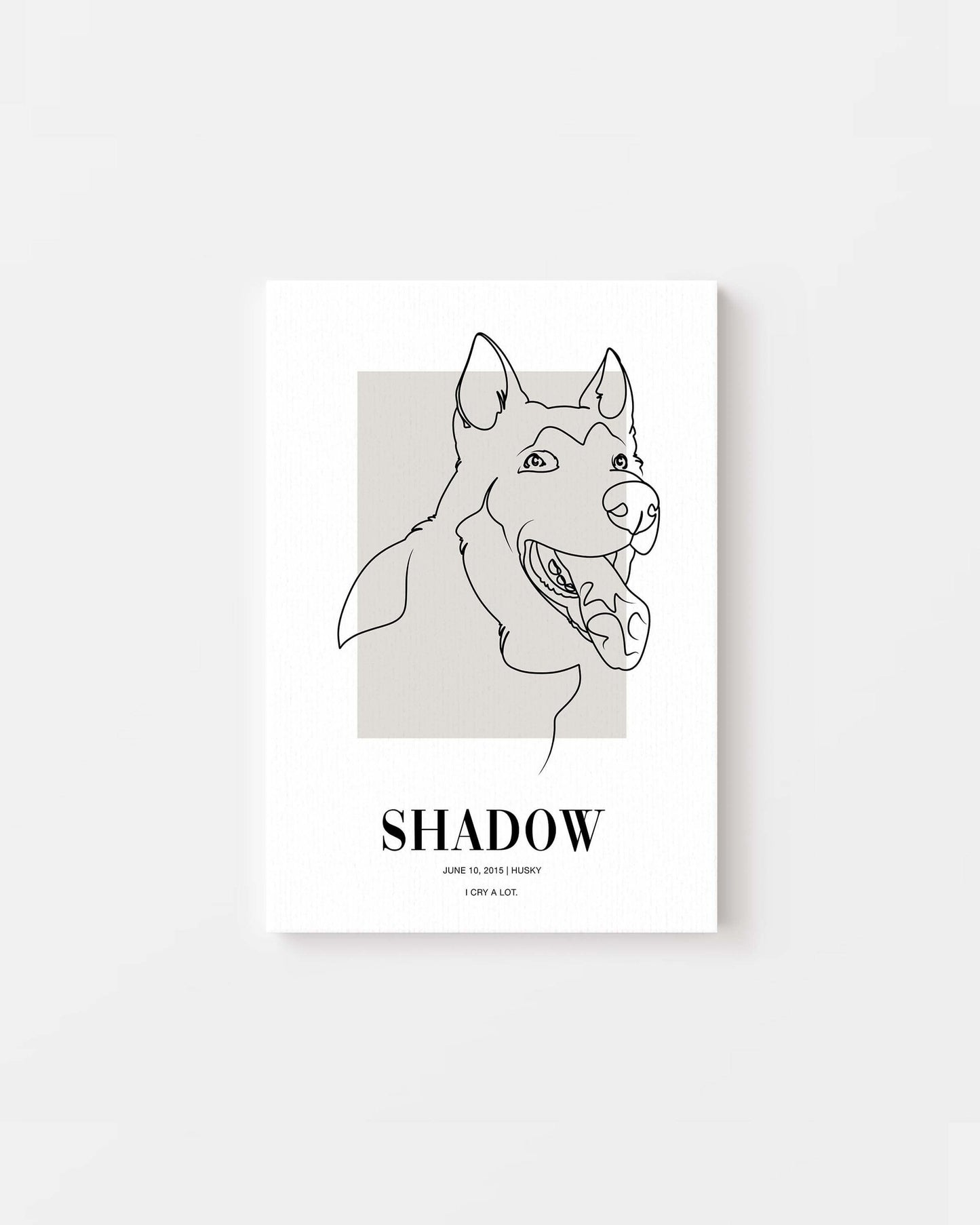 custom line drawn dog portrait printed on canvas and mounted in a unique home decor as a gift for a dog mom or dog dad pet parent made by vogue paws who specialize in personalized pet portrait gifts