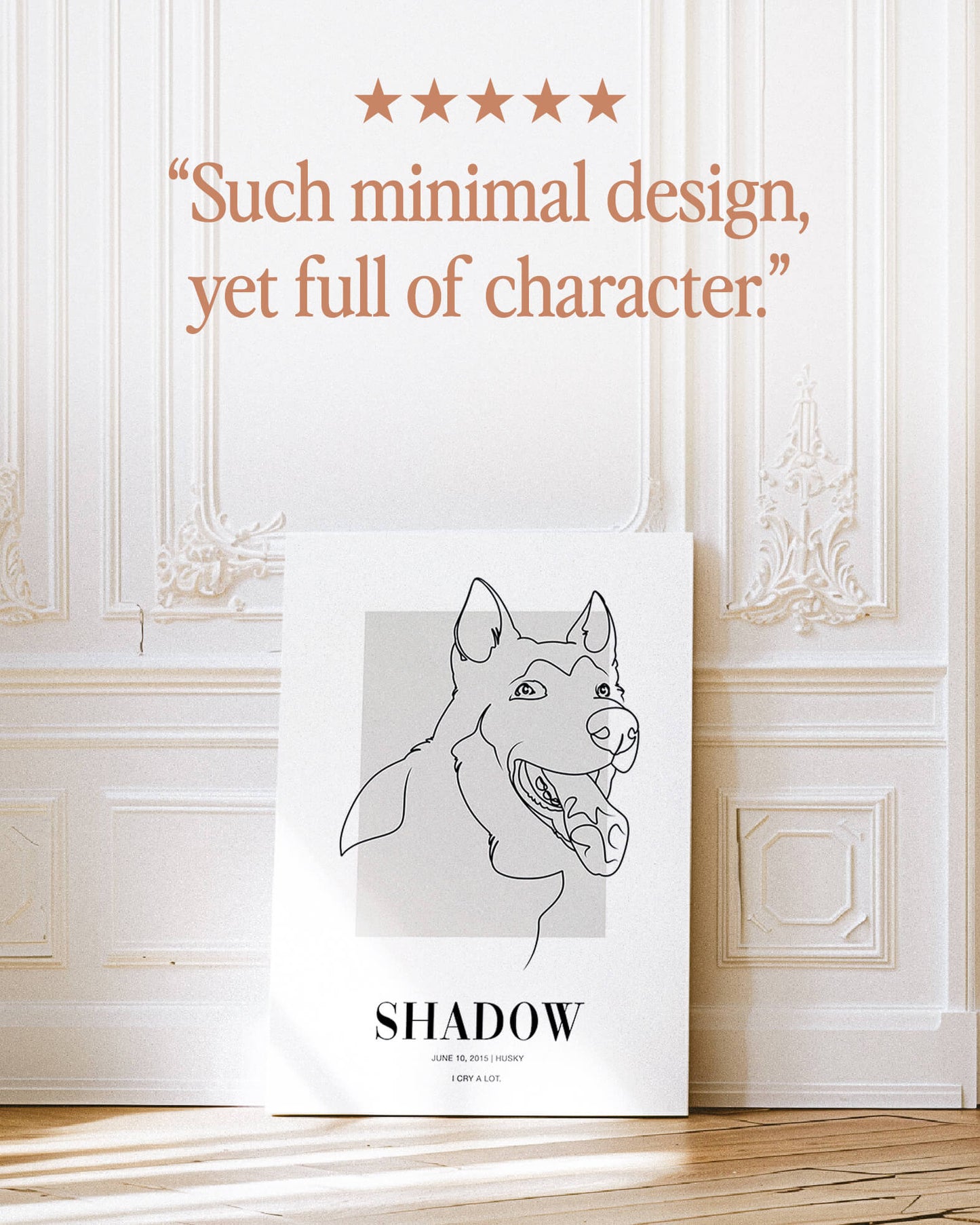 custom line drawn dog portrait printed on canvas and mounted in a unique home decor as a gift for a dog mom or dog dad pet parent made by vogue paws who specialize in personalized pet portrait gifts