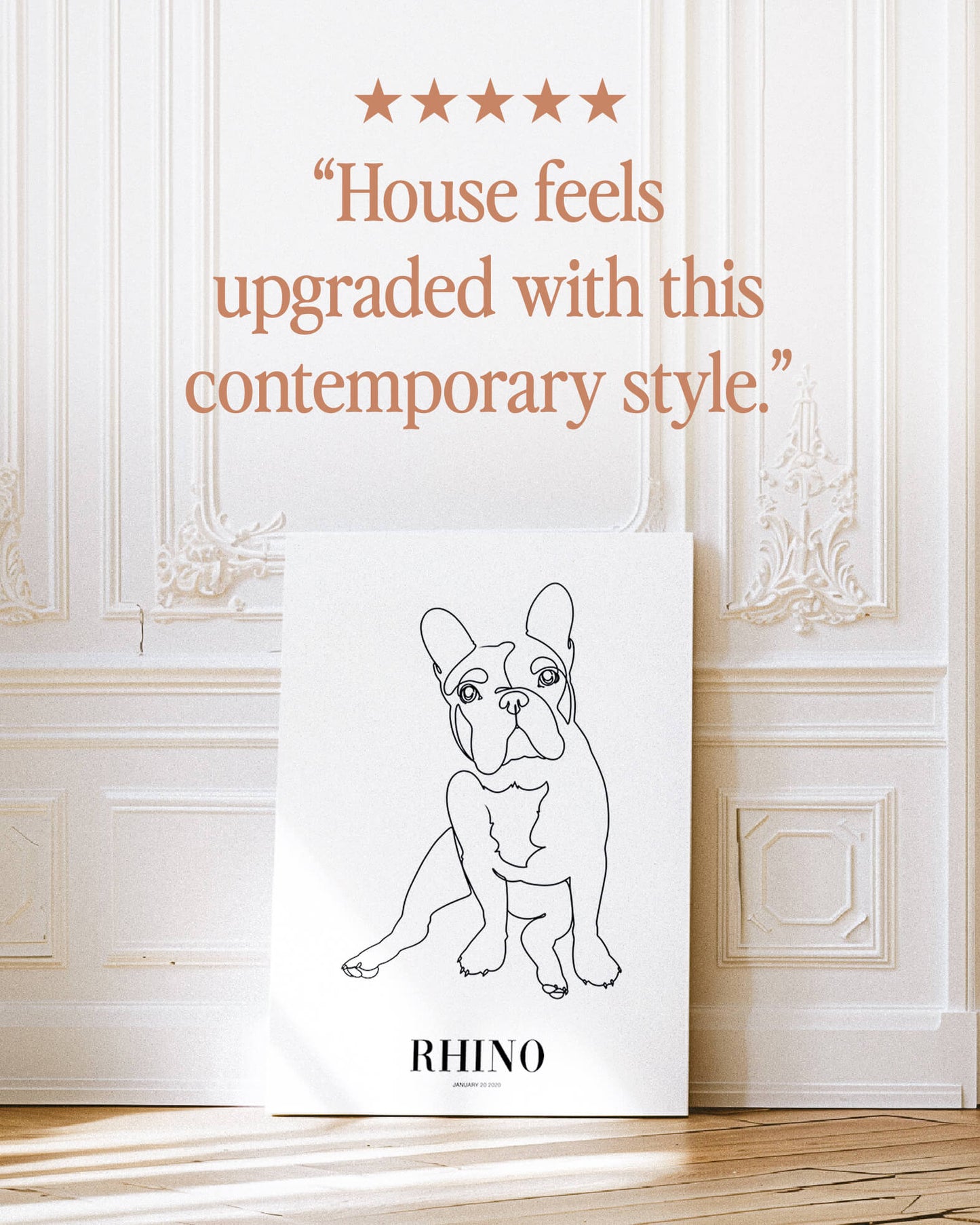 french bulldog print line drawing custom art on canvas and mounted on wall of contemporary home decor living space creating a unique custom gift idea for dog mom and dog dad pet parents made by vogue paws personalized pet portrait dog art