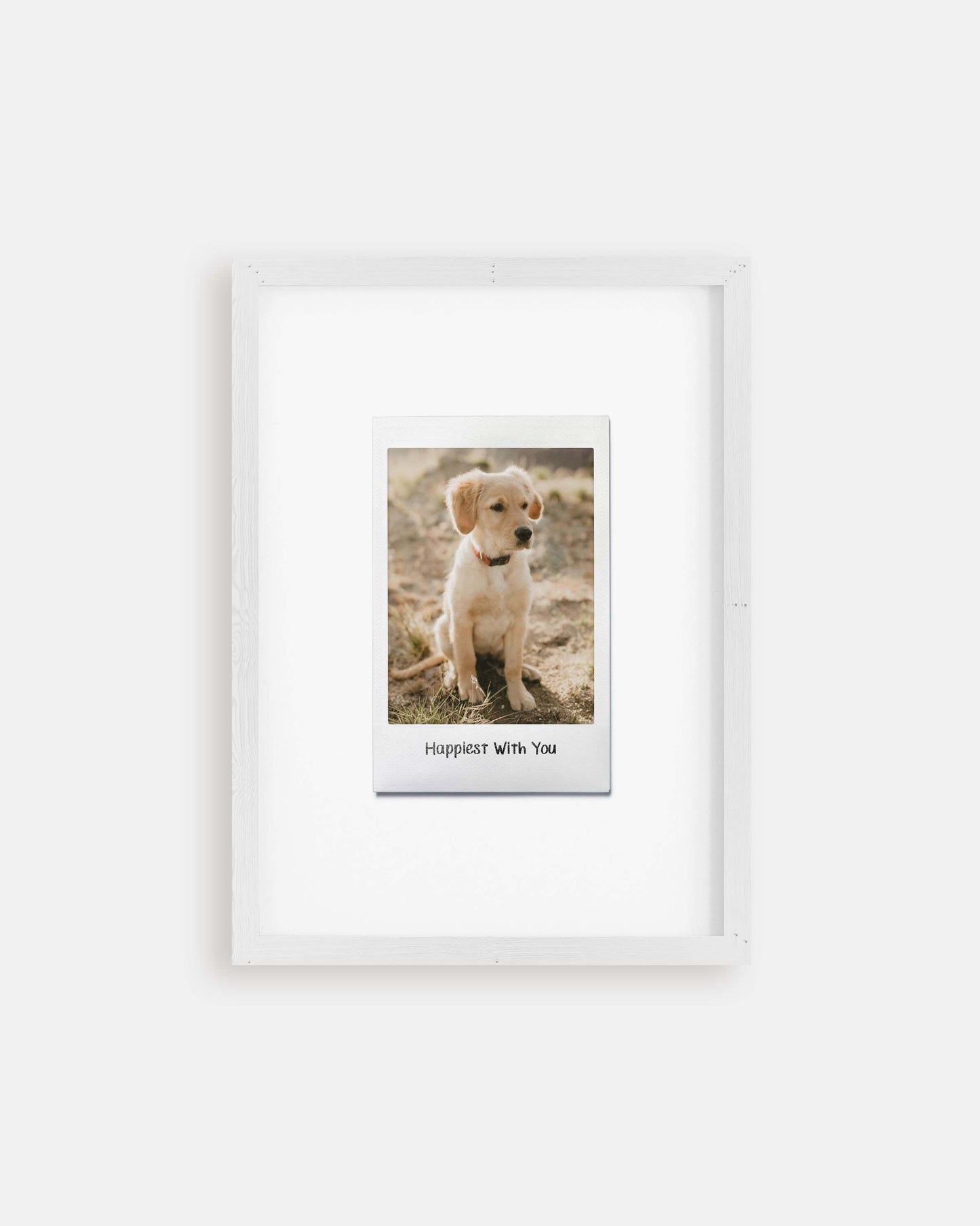 custom dog photo turned into instant film framed print in modern interior home decor. art made by vogue paws personalized pet portrait art made for gift ideas for dog mom and dog dad pet parents or as a pet memorial sympathy gift idea