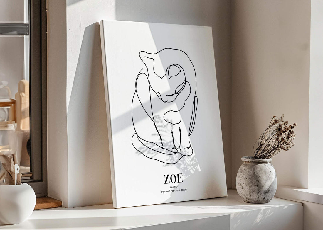 Line drawn personalized pet portraits of cat memorial gift and pet loss idea sitting in a home printed on canvas