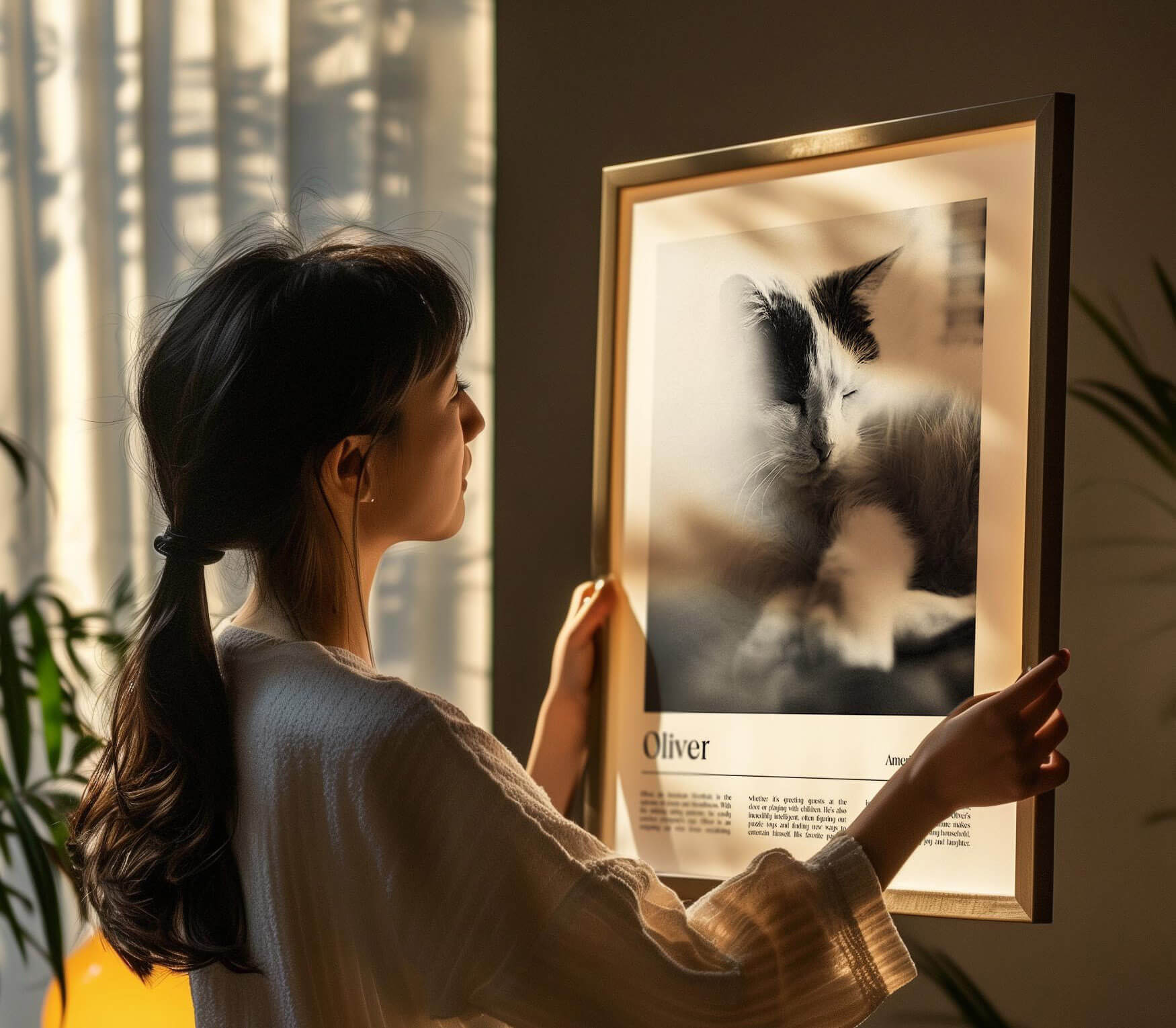 woman admiring a custom cat portrait pet art by vogue paws who specialize in unique cat pet gifts or cat memorial gifts
